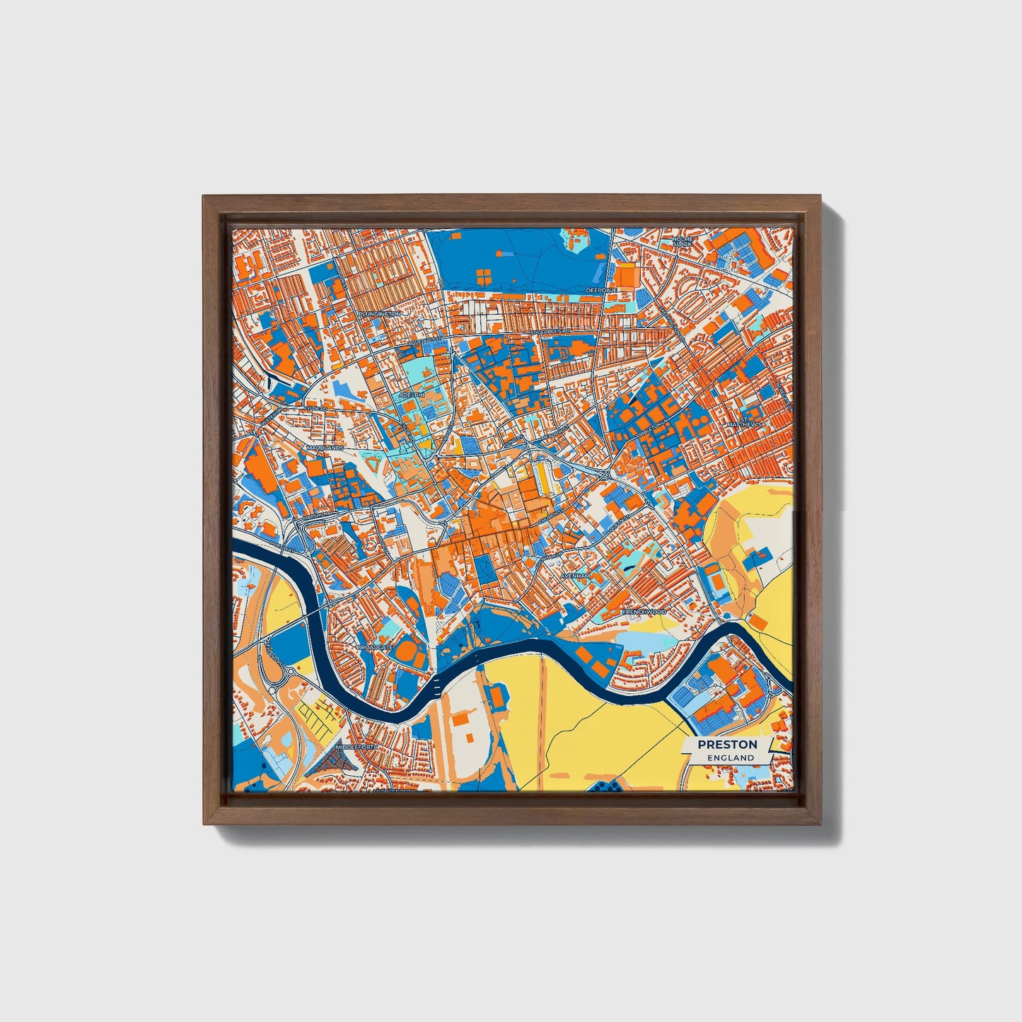 Preston England Colorful City Map Canvas Print • Dark Wooden Framed