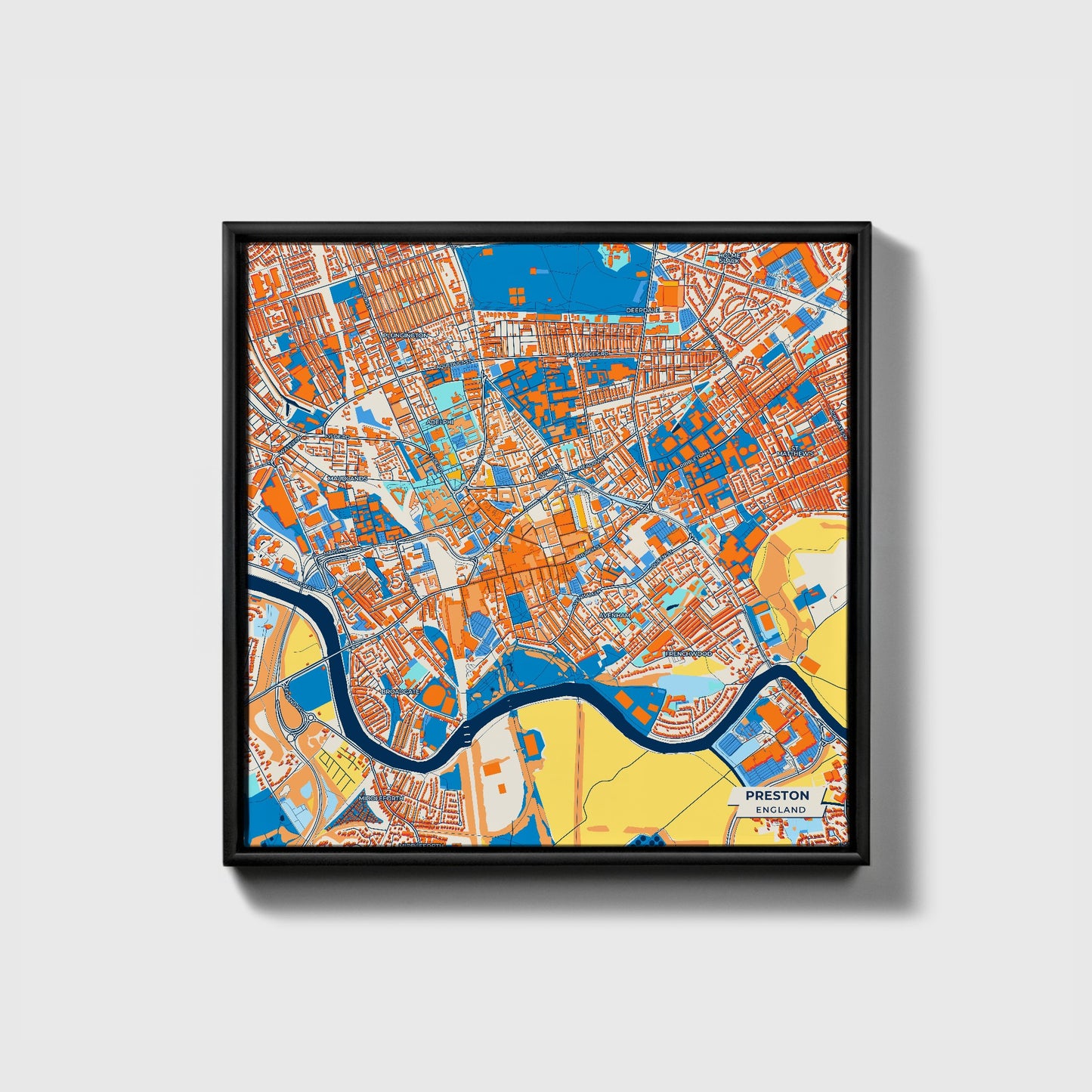 Preston England Colorful City Map Canvas Print • Black Framed