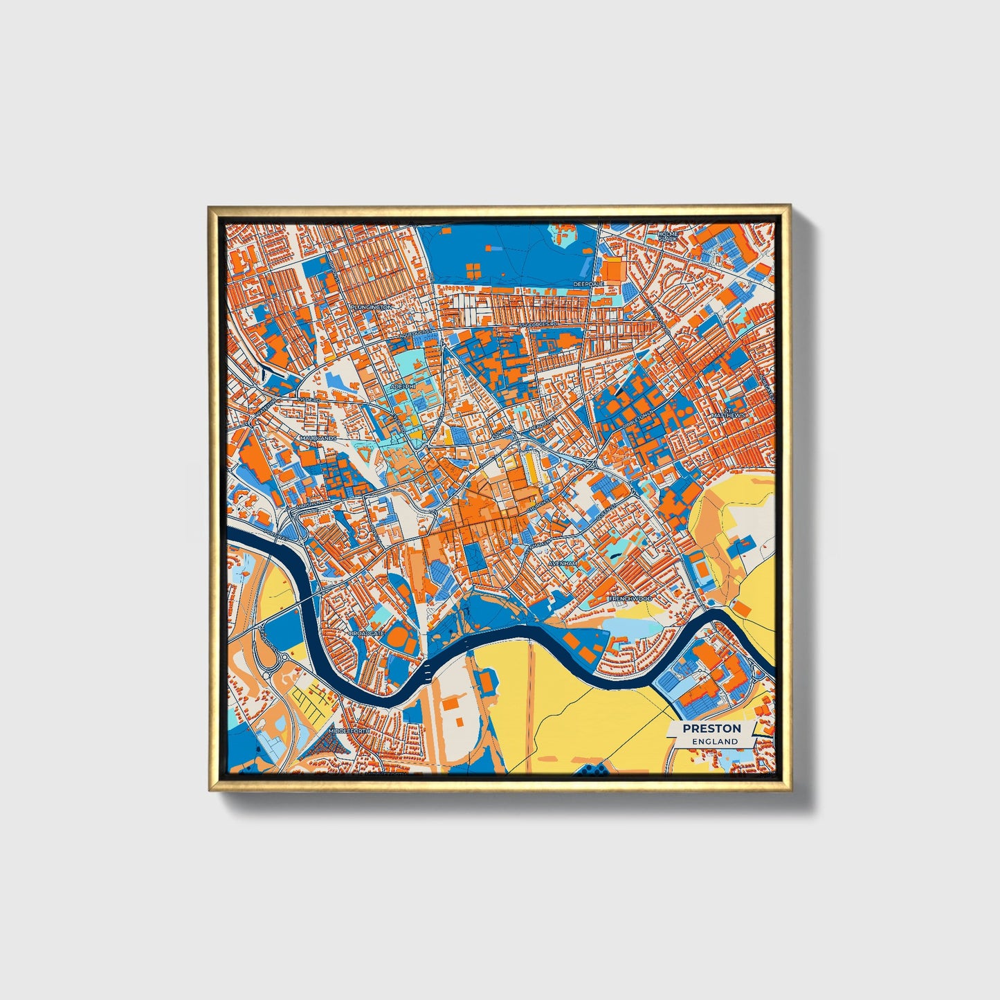 Preston England Colorful City Map Canvas Print • Gold Framed