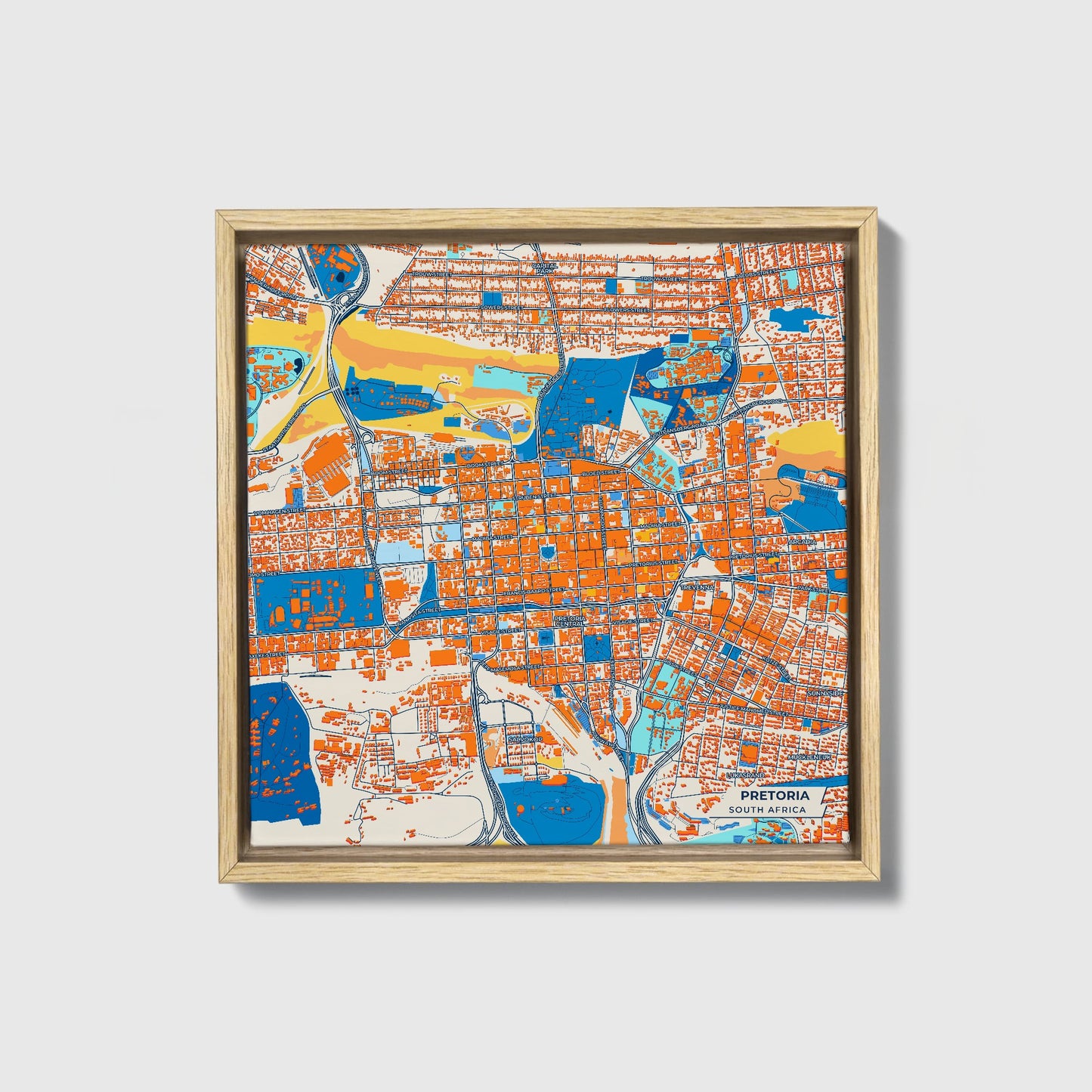 Pretoria South Africa Colorful City Map Canvas Print • Natural Wooden Framed