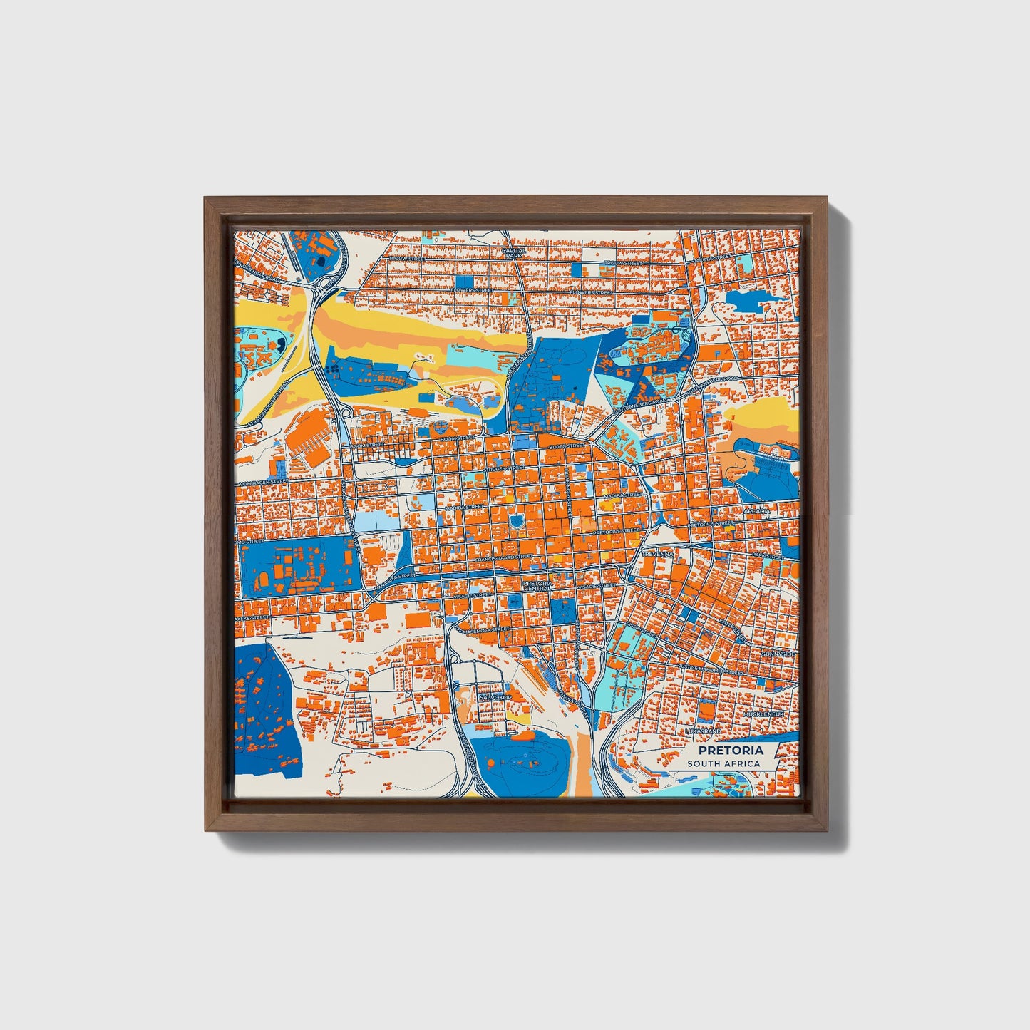 Pretoria South Africa Colorful City Map Canvas Print • Dark Wooden Framed