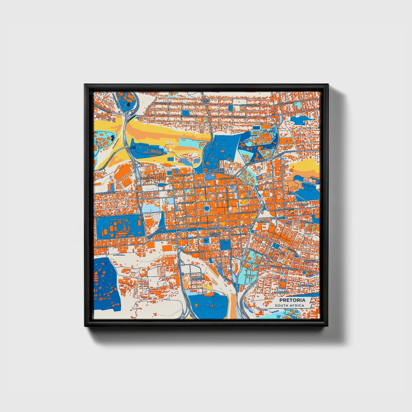 Pretoria South Africa Colorful City Map Canvas Print • Black Framed