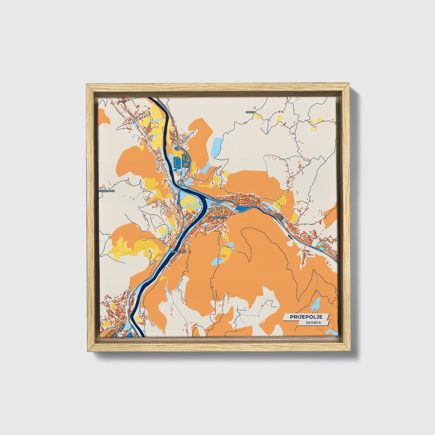 Пријепоље Serbia Colorful City Map Canvas Print • Natural Wooden Framed