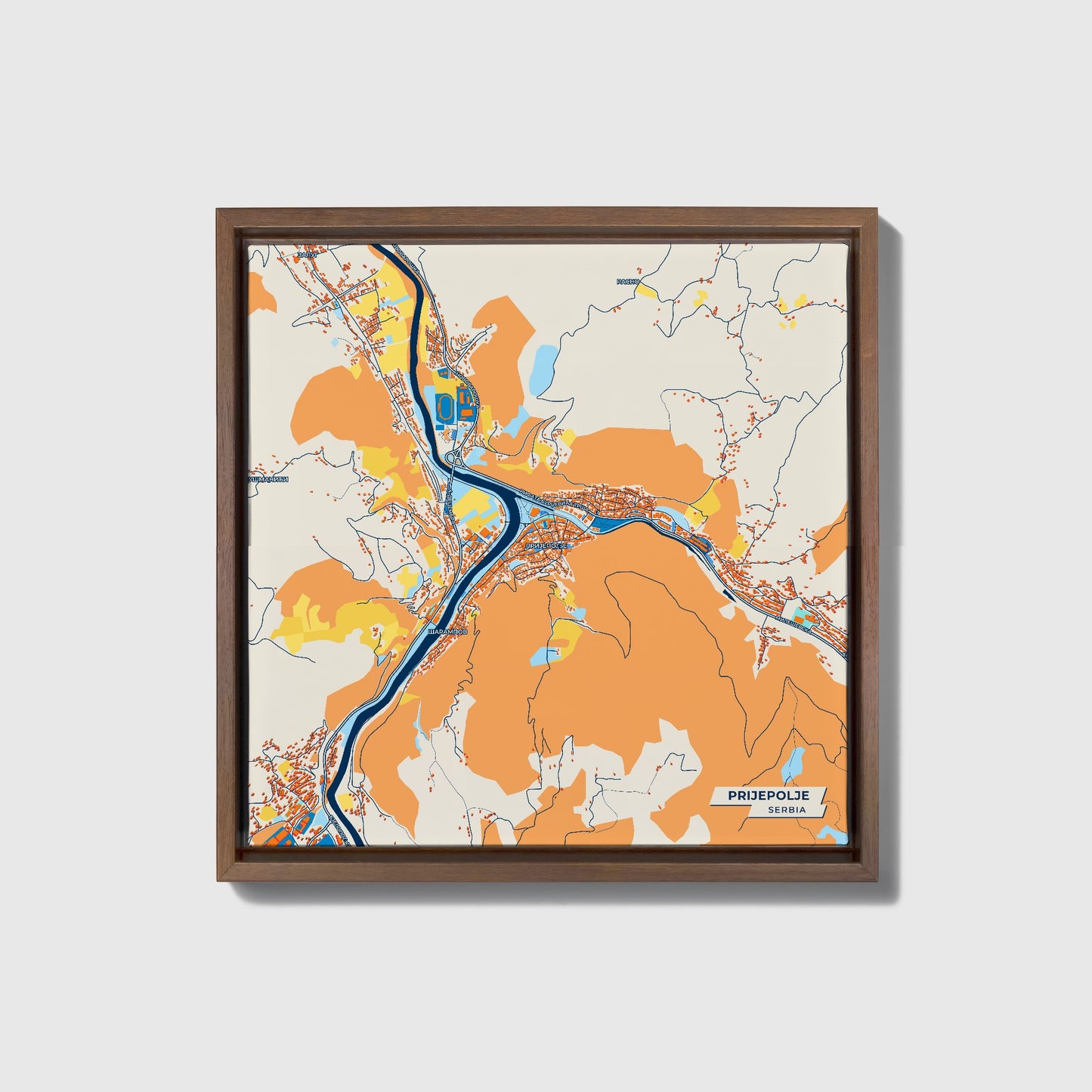 Пријепоље Serbia Colorful City Map Canvas Print • Dark Wooden Framed