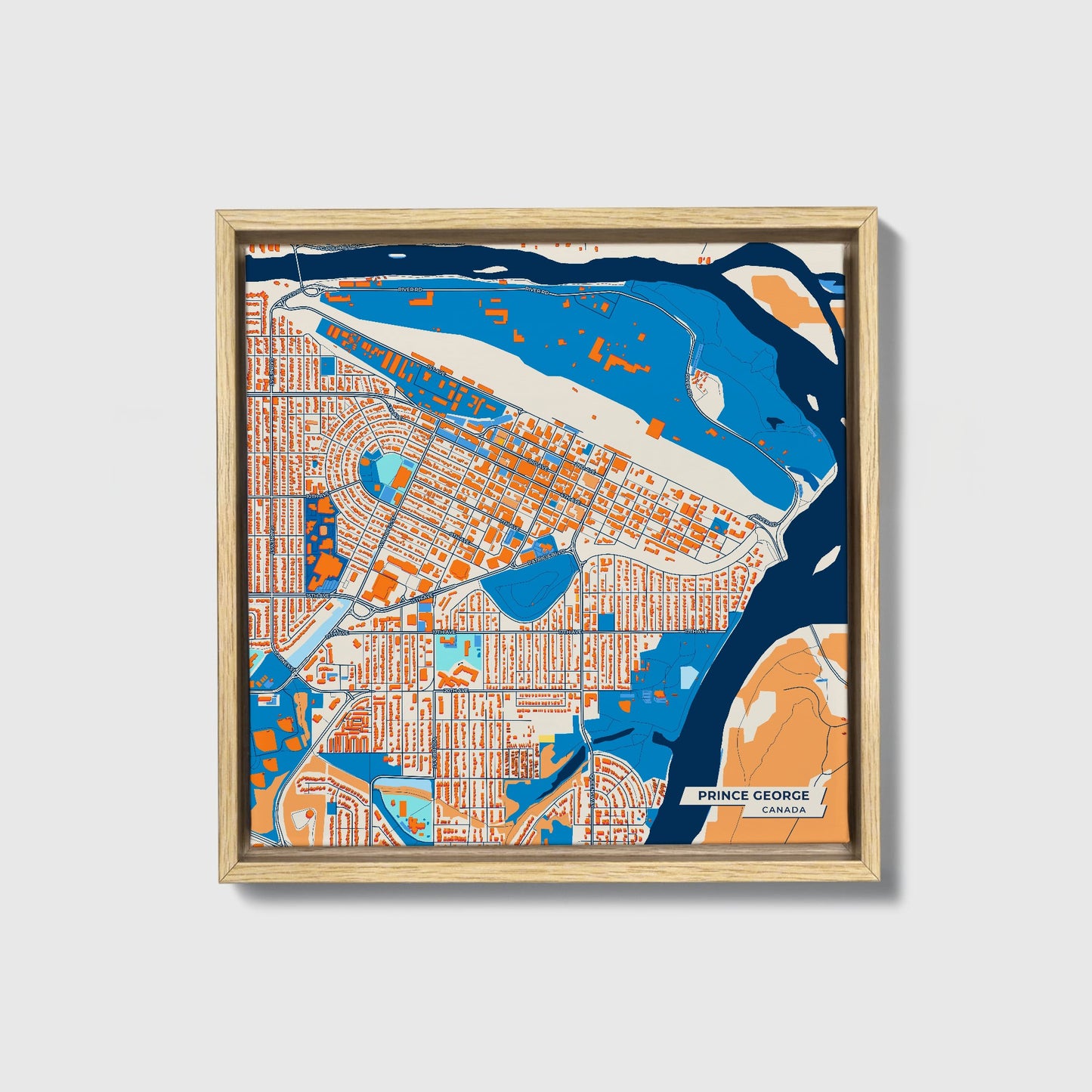 Prince George Canada Colorful City Map Canvas Print • Natural Wooden Framed