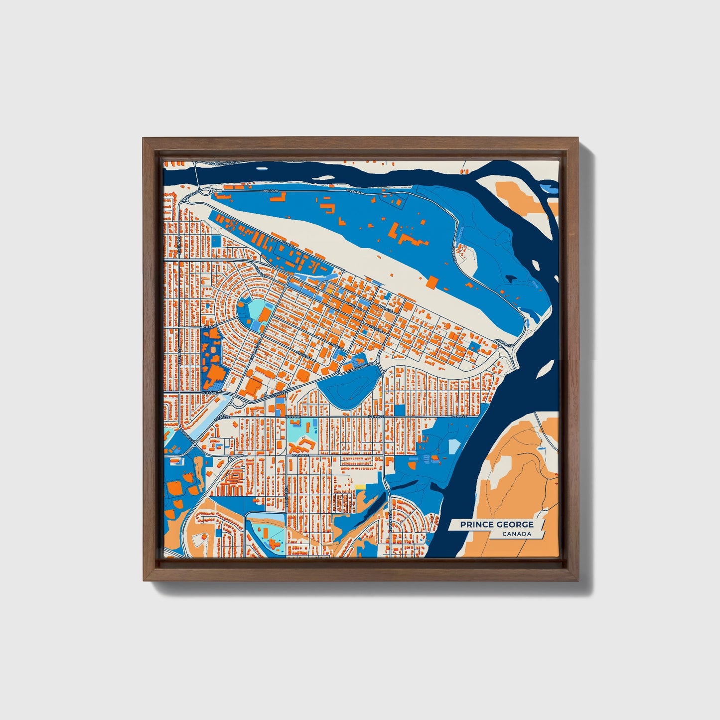 Prince George Canada Colorful City Map Canvas Print • Dark Wooden Framed