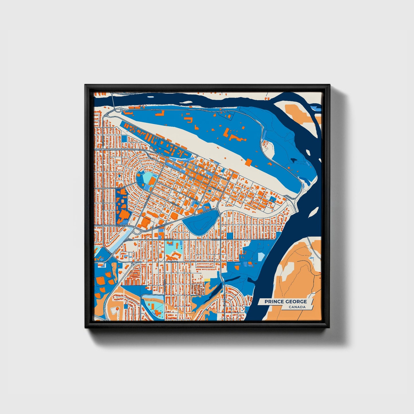 Prince George Canada Colorful City Map Canvas Print • Black Framed