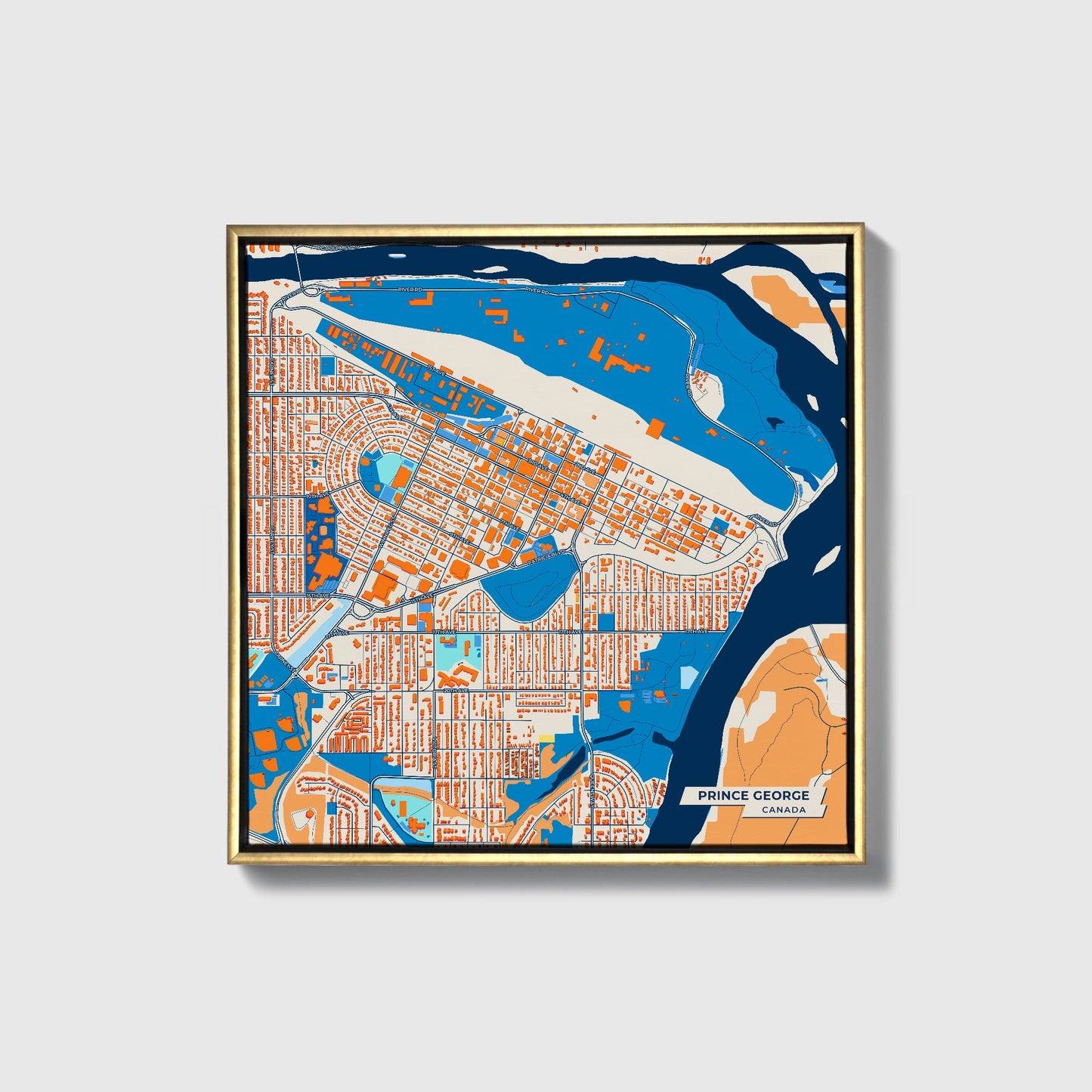 Prince George Canada Colorful City Map Canvas Print • Gold Framed