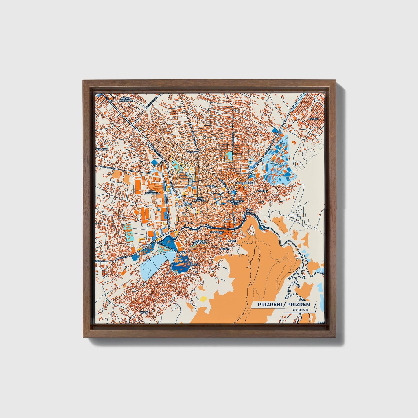 Prizreni Kosovo Colorful City Map Canvas Print • Dark Wooden Framed