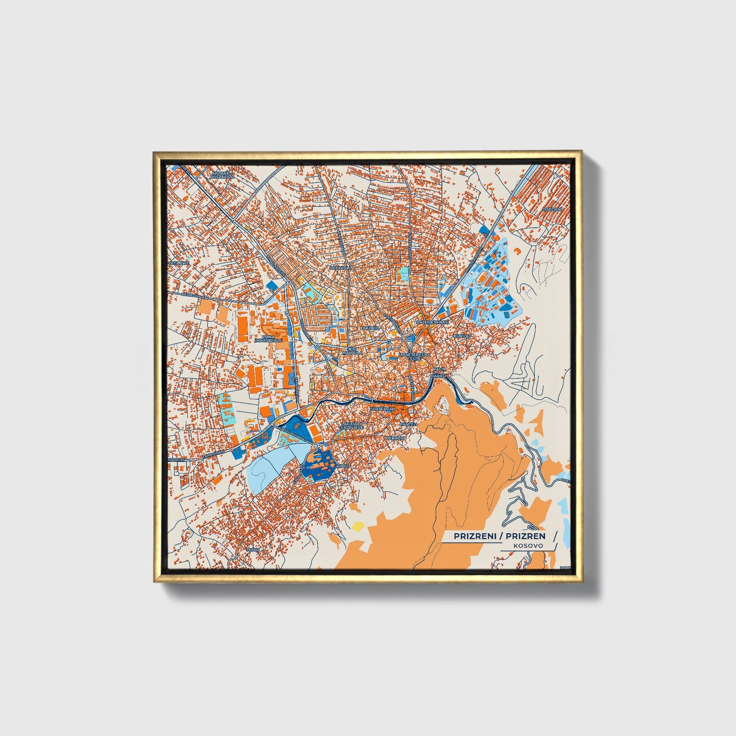 Prizreni Kosovo Colorful City Map Canvas Print • Gold Framed