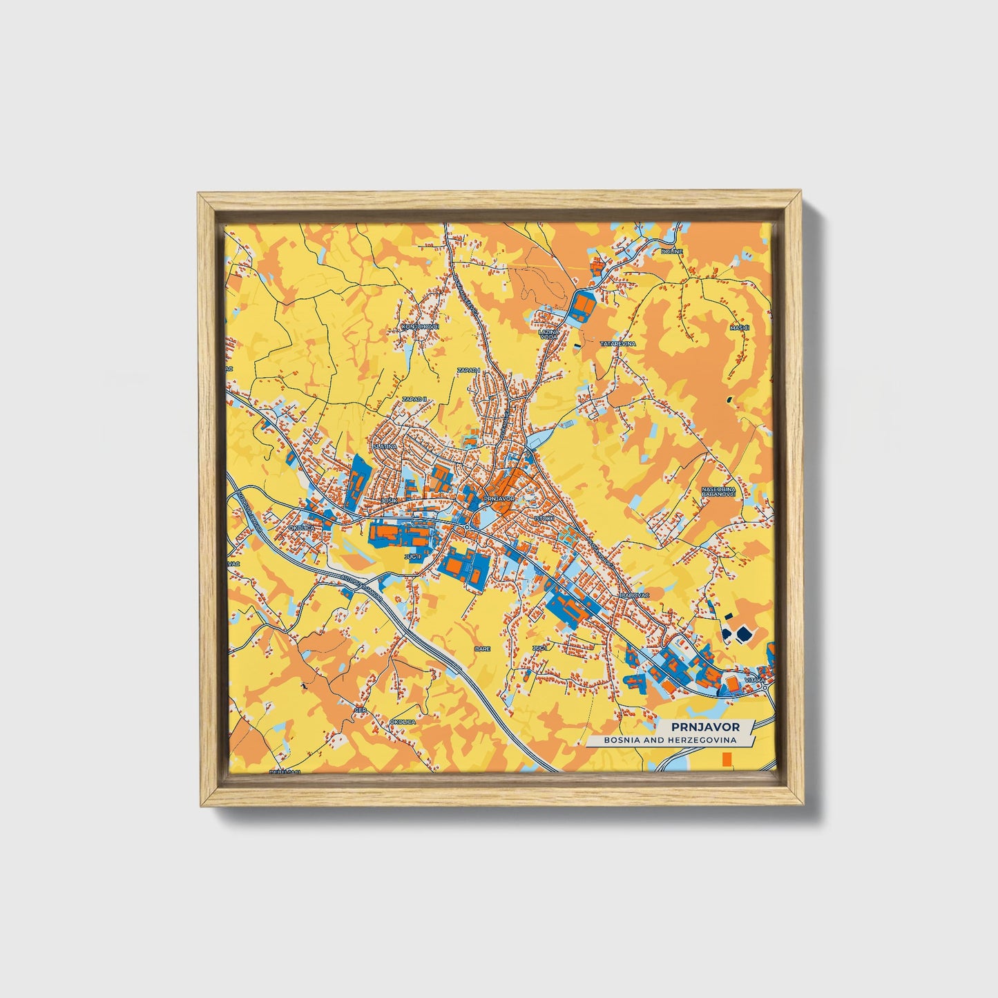 Prnjavor Bosnia And Herzegovina Colorful City Map Canvas Print • Natural Wooden Framed