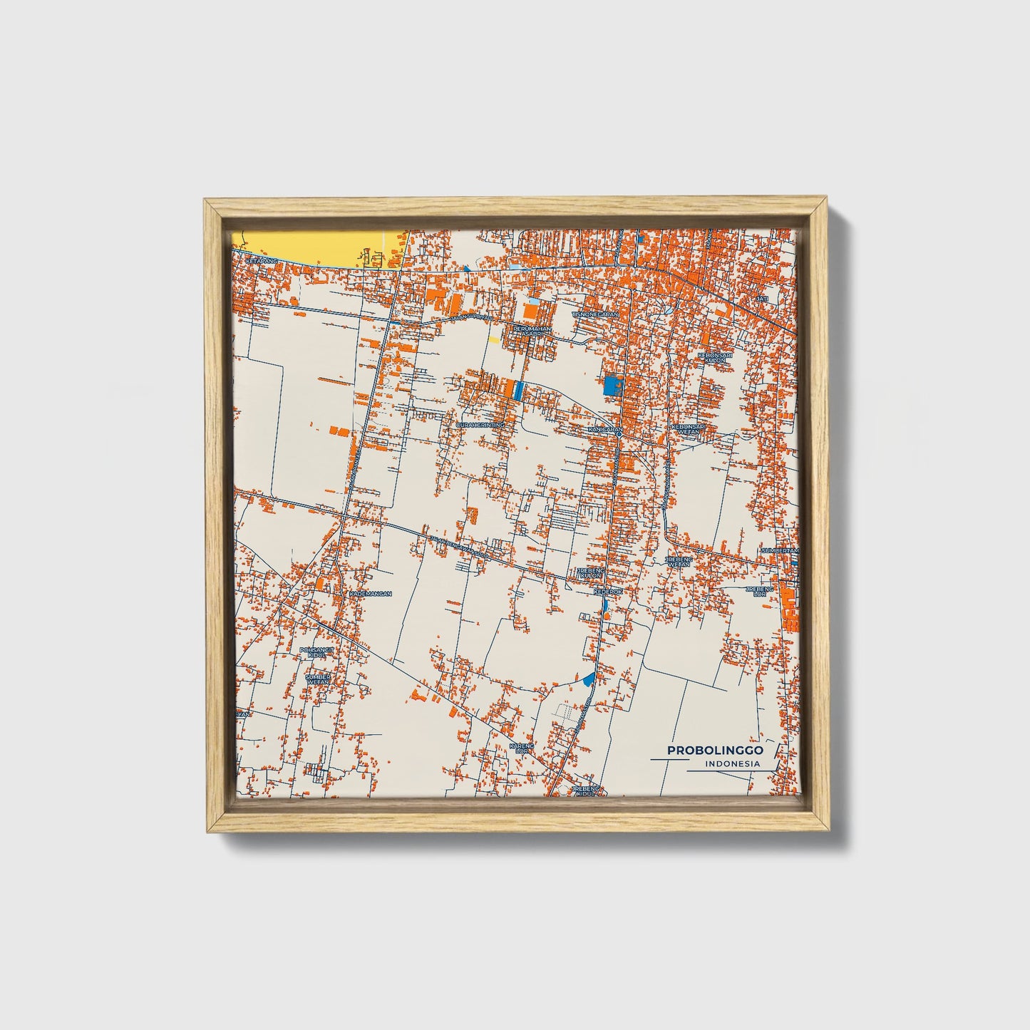 Probolinggo Indonesia Colorful City Map Canvas Print • Natural Wooden Framed