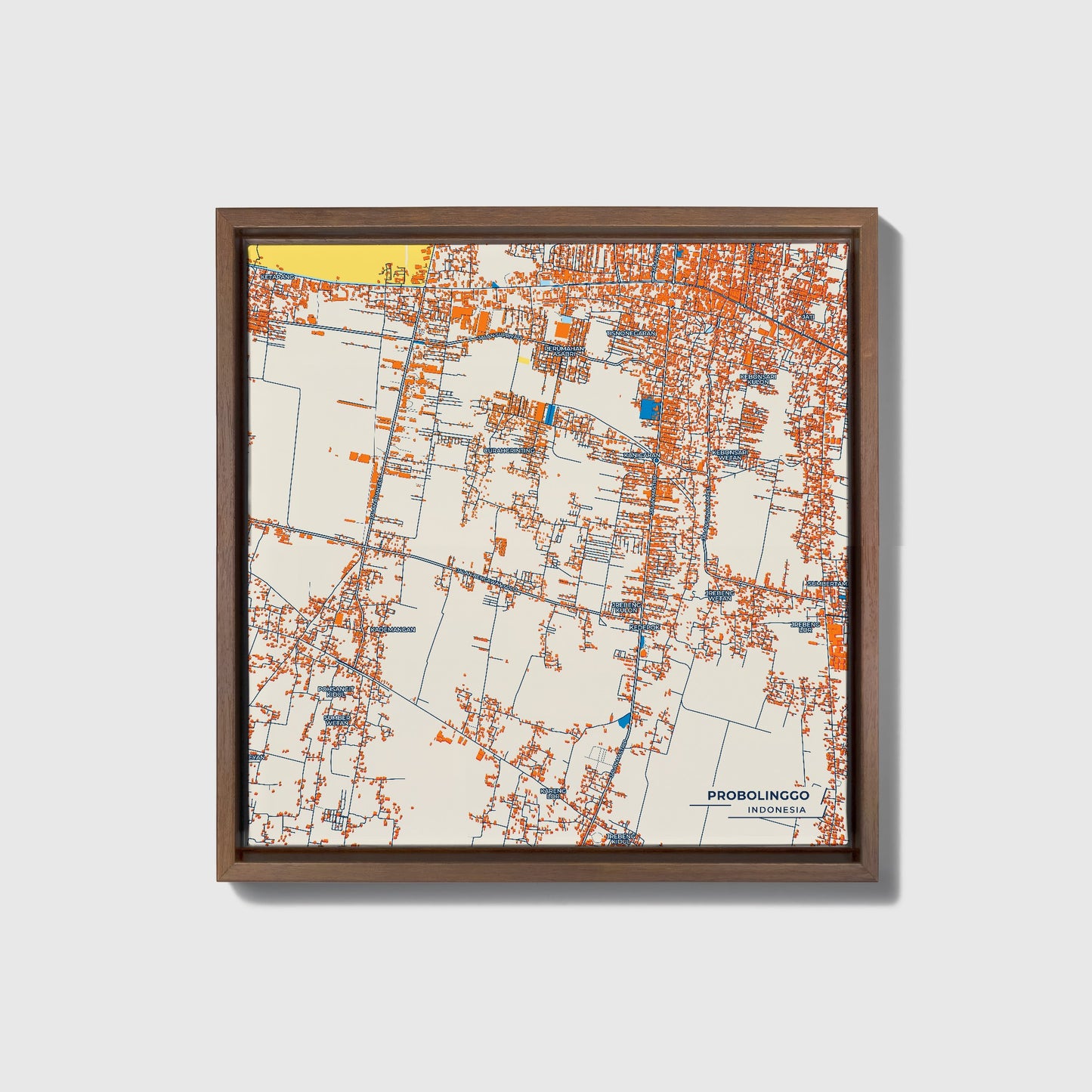 Probolinggo Indonesia Colorful City Map Canvas Print • Dark Wooden Framed