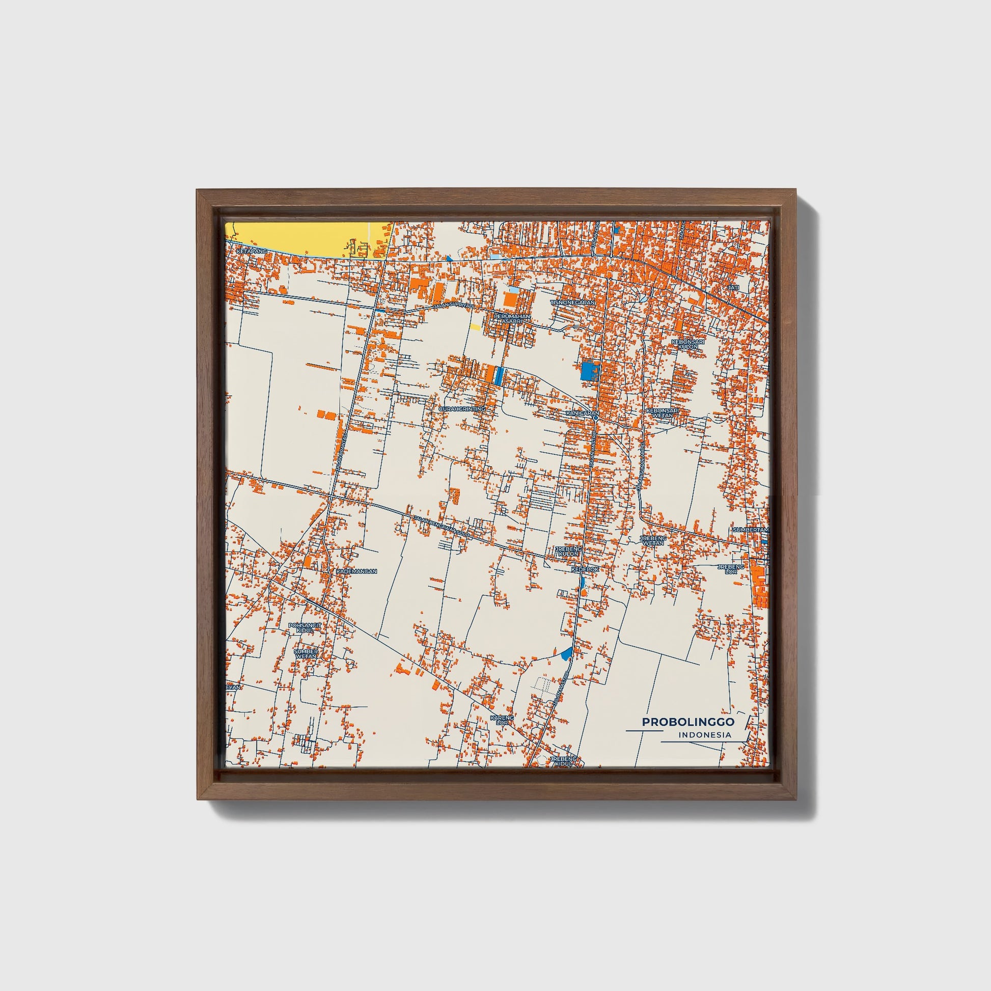 Probolinggo Indonesia Colorful City Map Canvas Print • Dark Wooden Framed