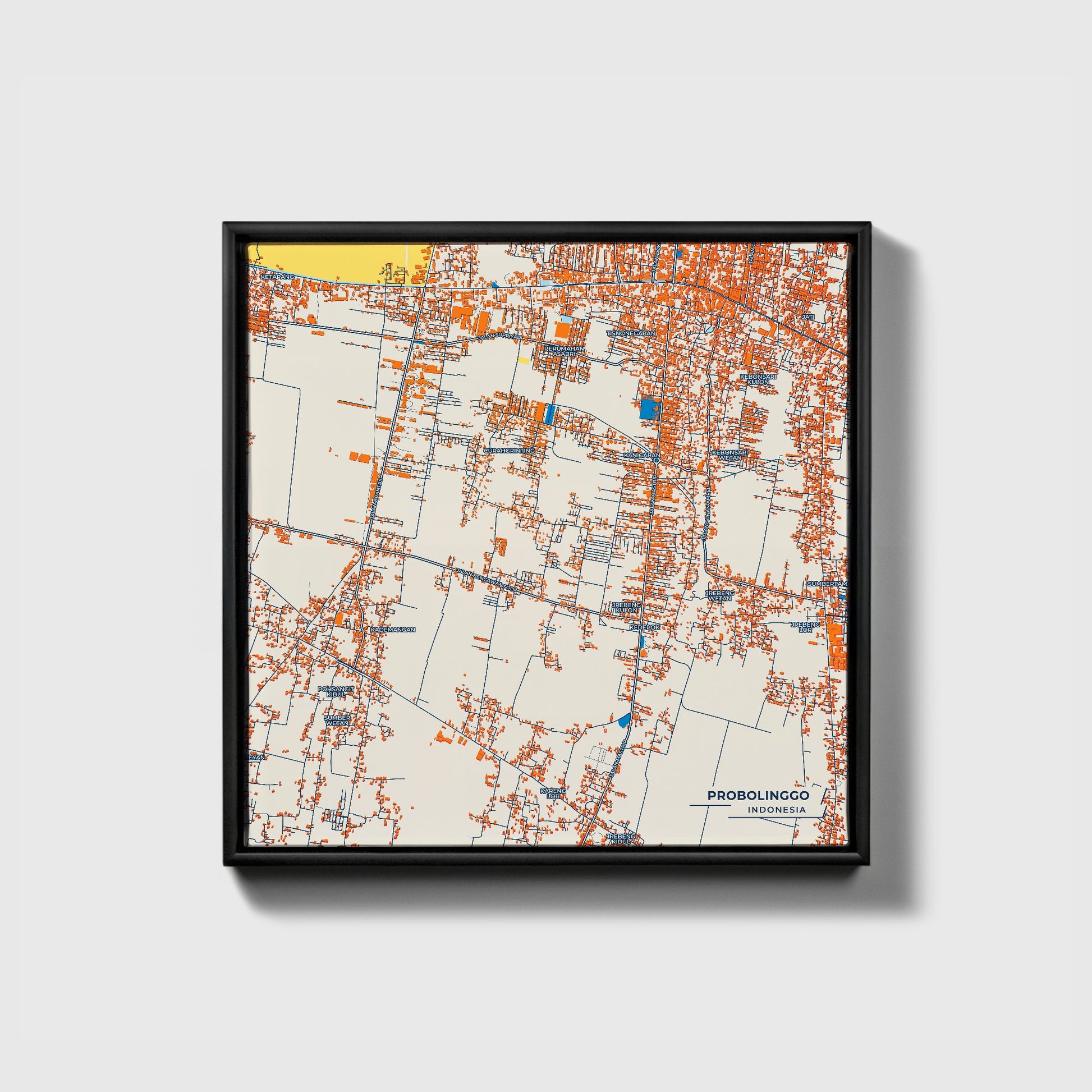 Probolinggo Indonesia Colorful City Map Canvas Print • Black Framed