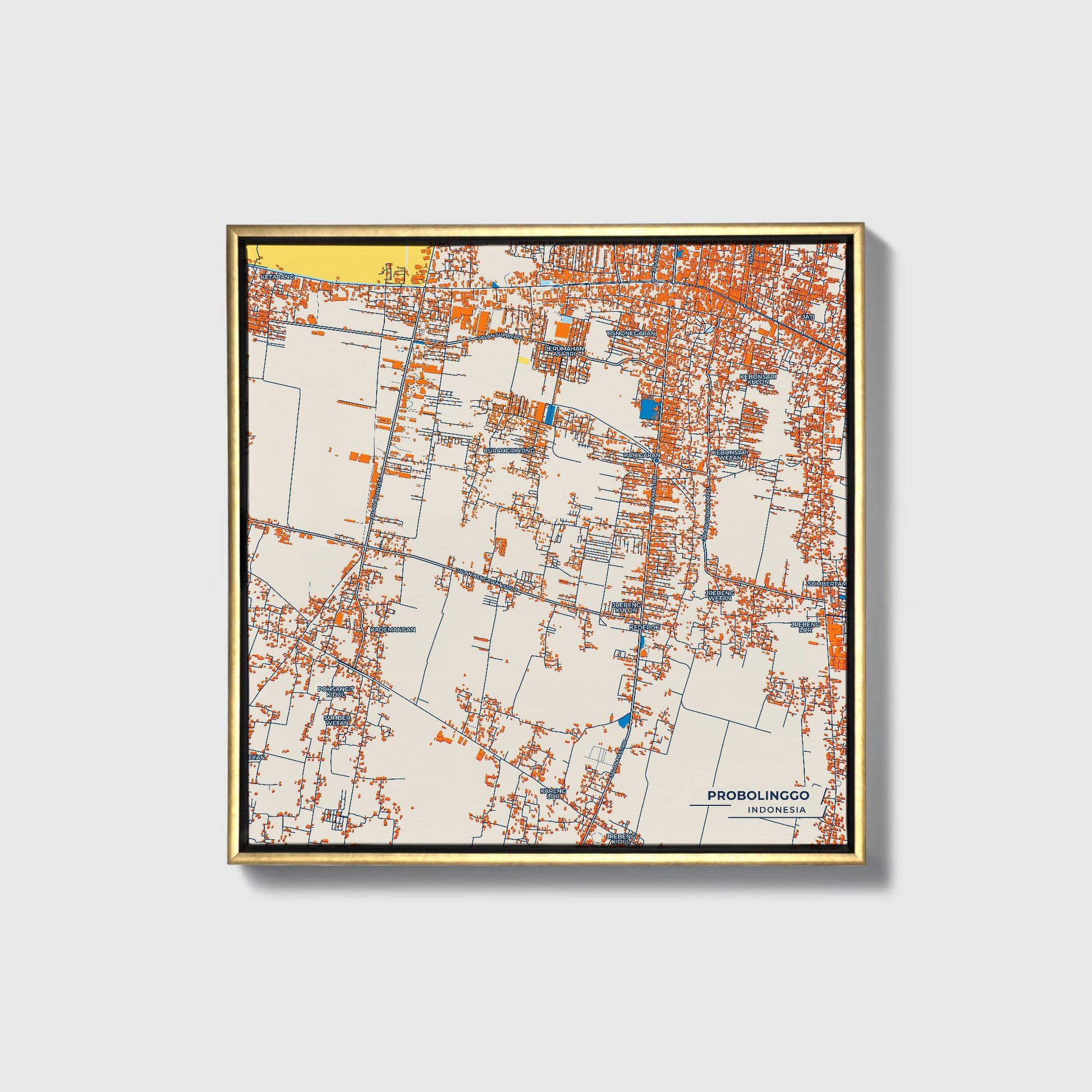 Probolinggo Indonesia Colorful City Map Canvas Print • Gold Framed