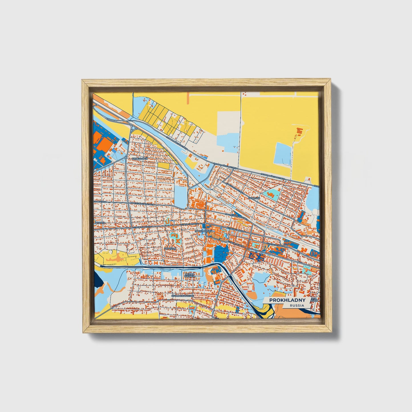 Прохладном Russia Colorful City Map Canvas Print • Natural Wooden Framed