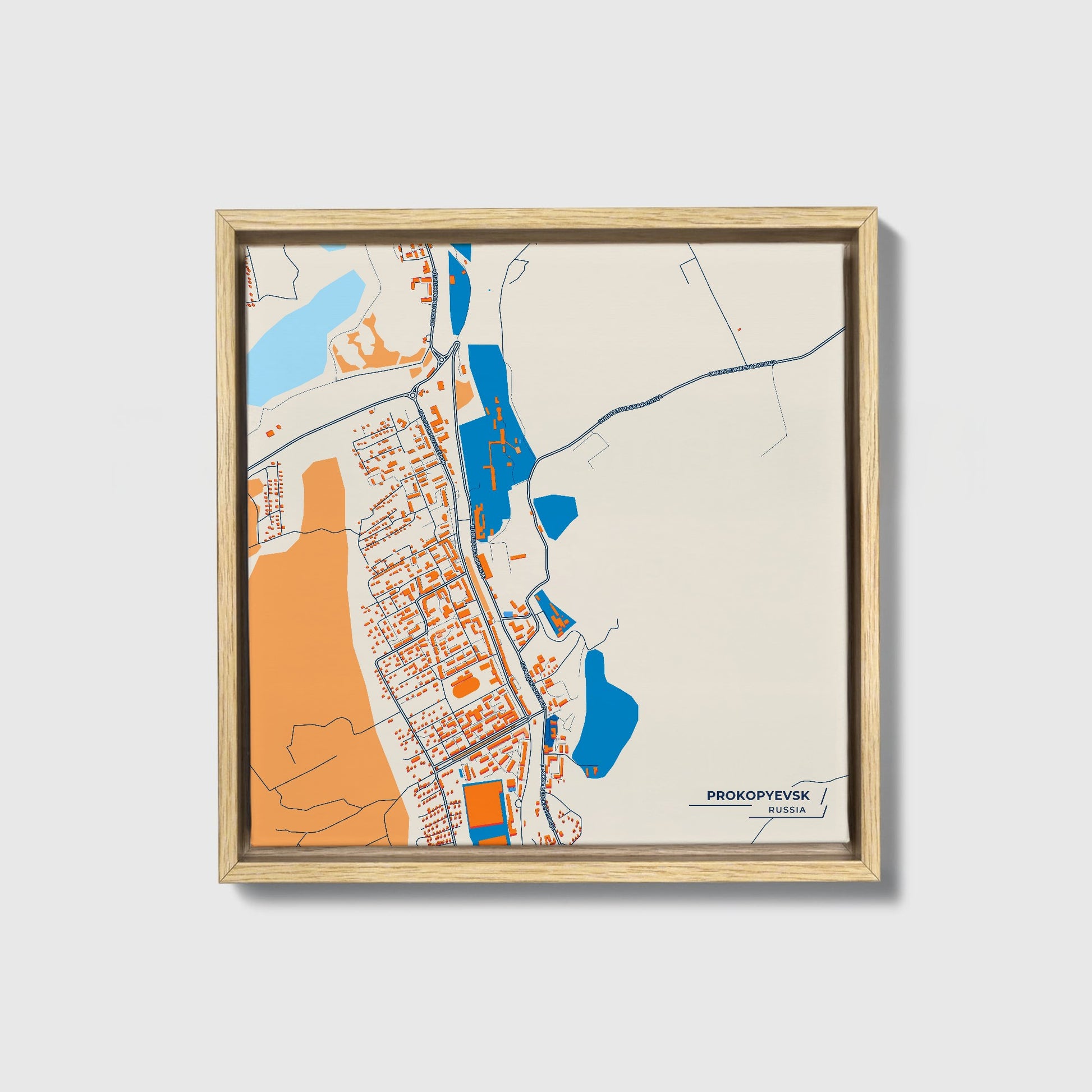 Прокопьевск Russia Colorful City Map Canvas Print • Natural Wooden Framed