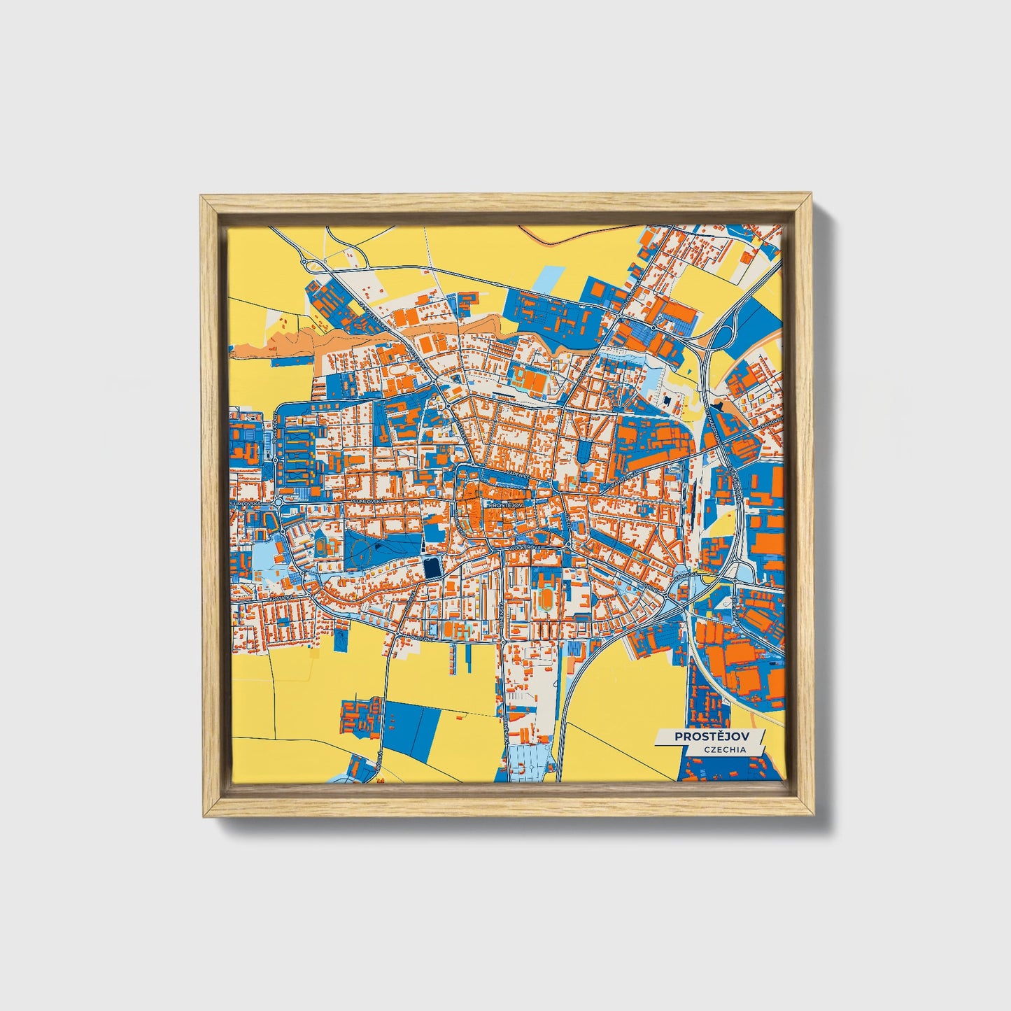 Prostějov Czechia Colorful City Map Canvas Print • Natural Wooden Framed