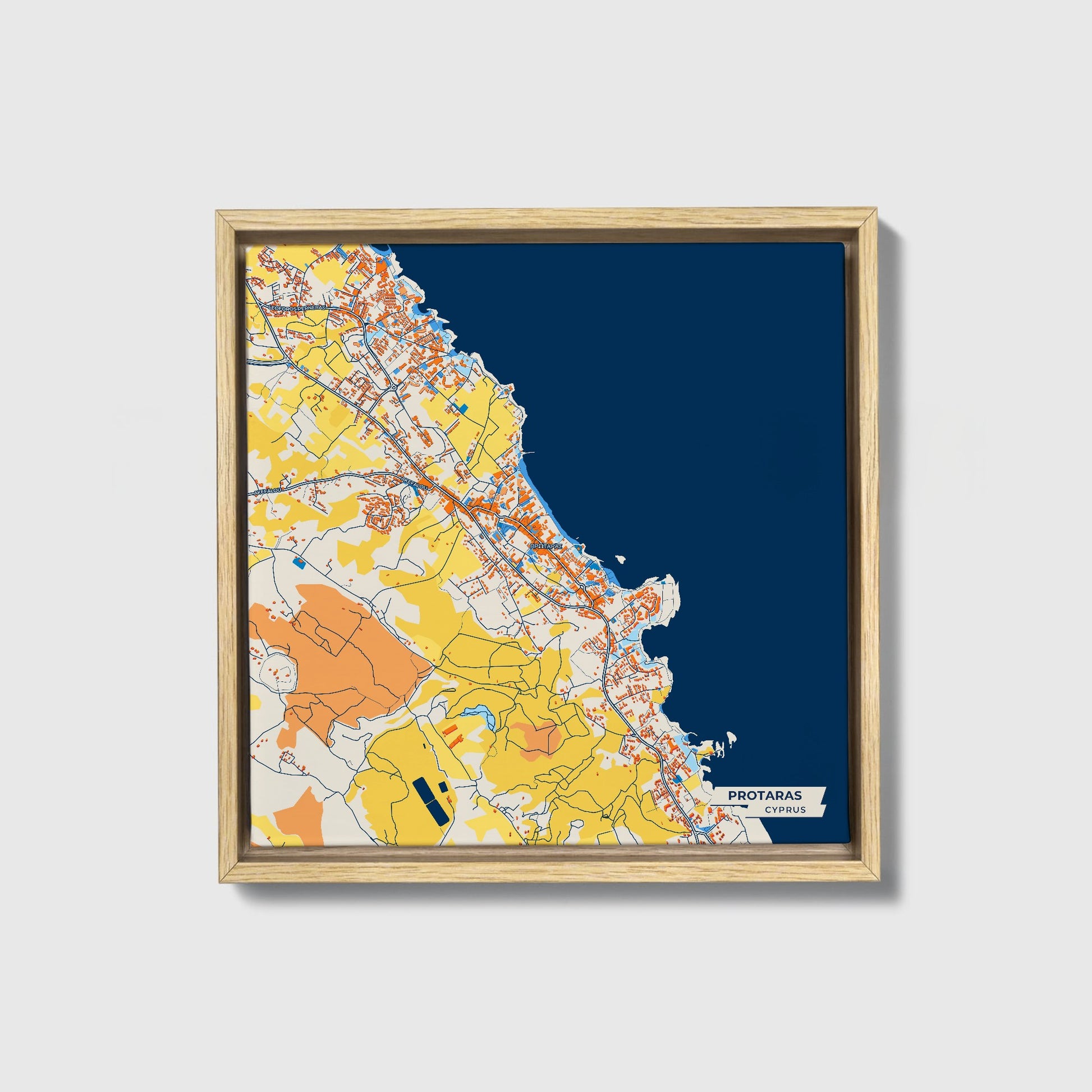 Protaras   Cyprus Colorful City Map Canvas Print • Natural Wooden Framed