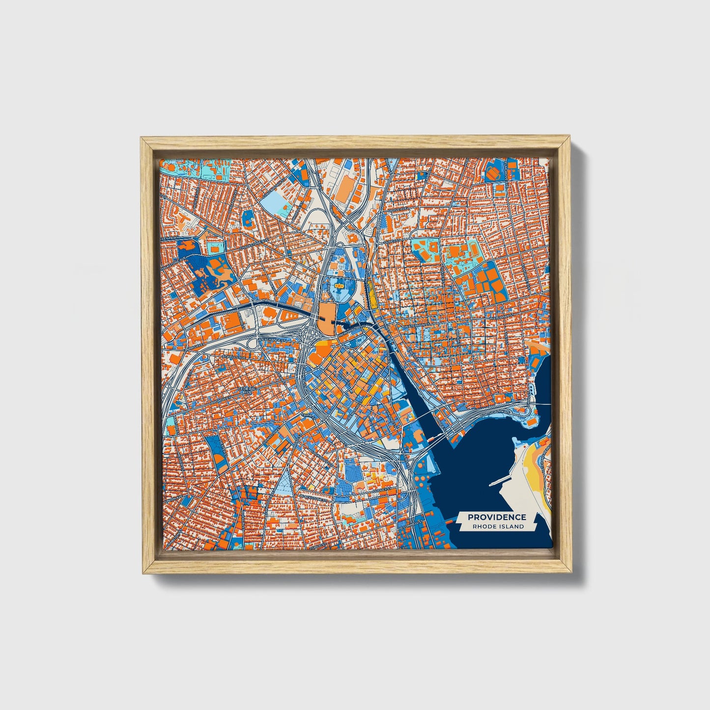 Providence Rhode Island Colorful City Map Canvas Print • Natural Wooden Framed