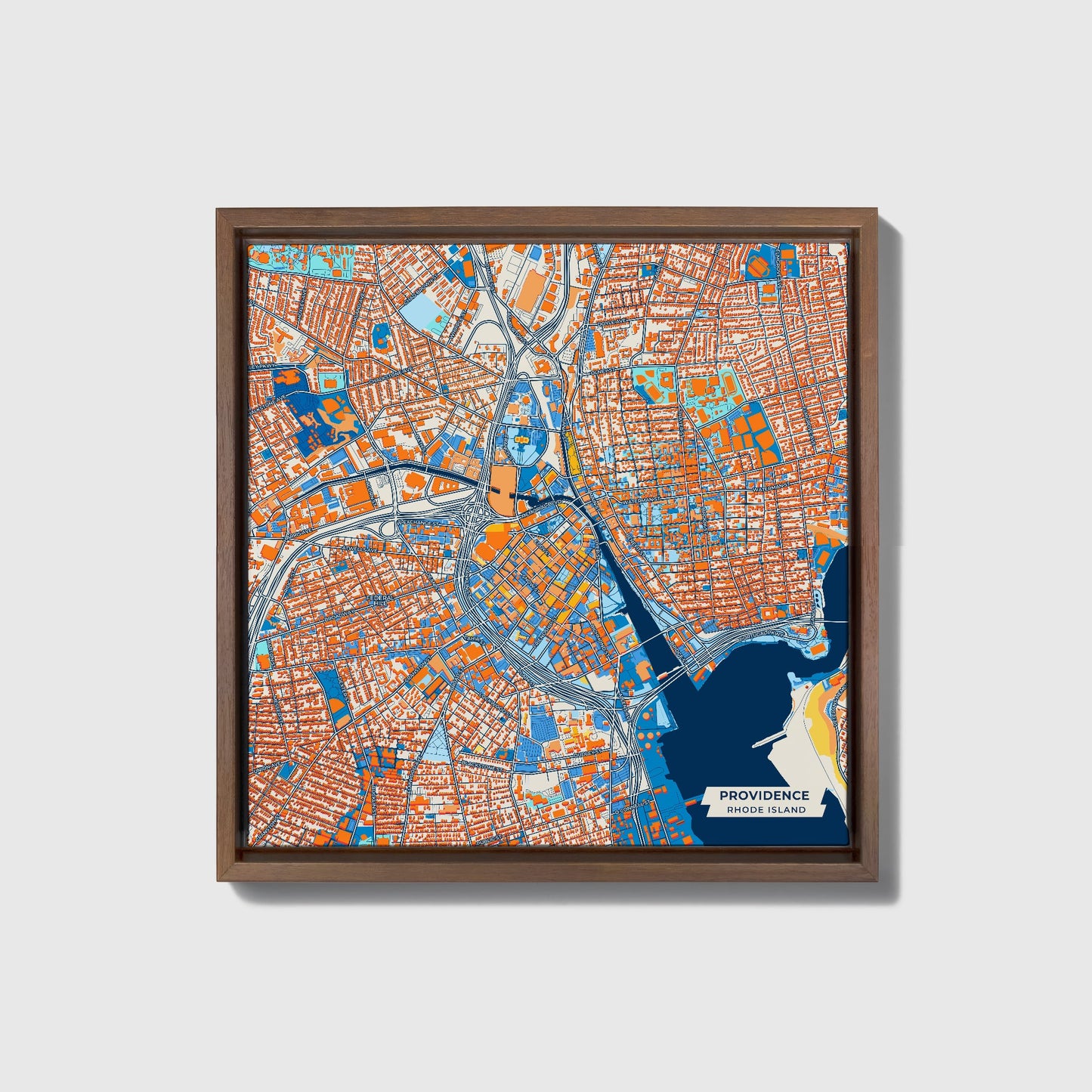 Providence Rhode Island Colorful City Map Canvas Print • Dark Wooden Framed