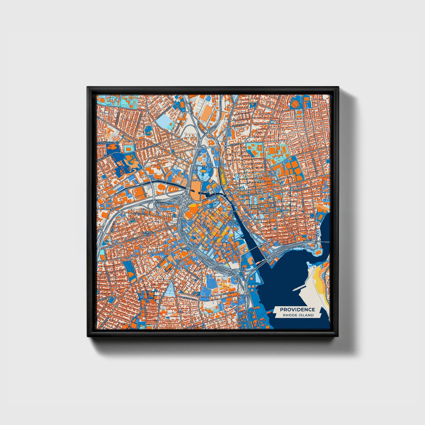 Providence Rhode Island Colorful City Map Canvas Print • Black Framed