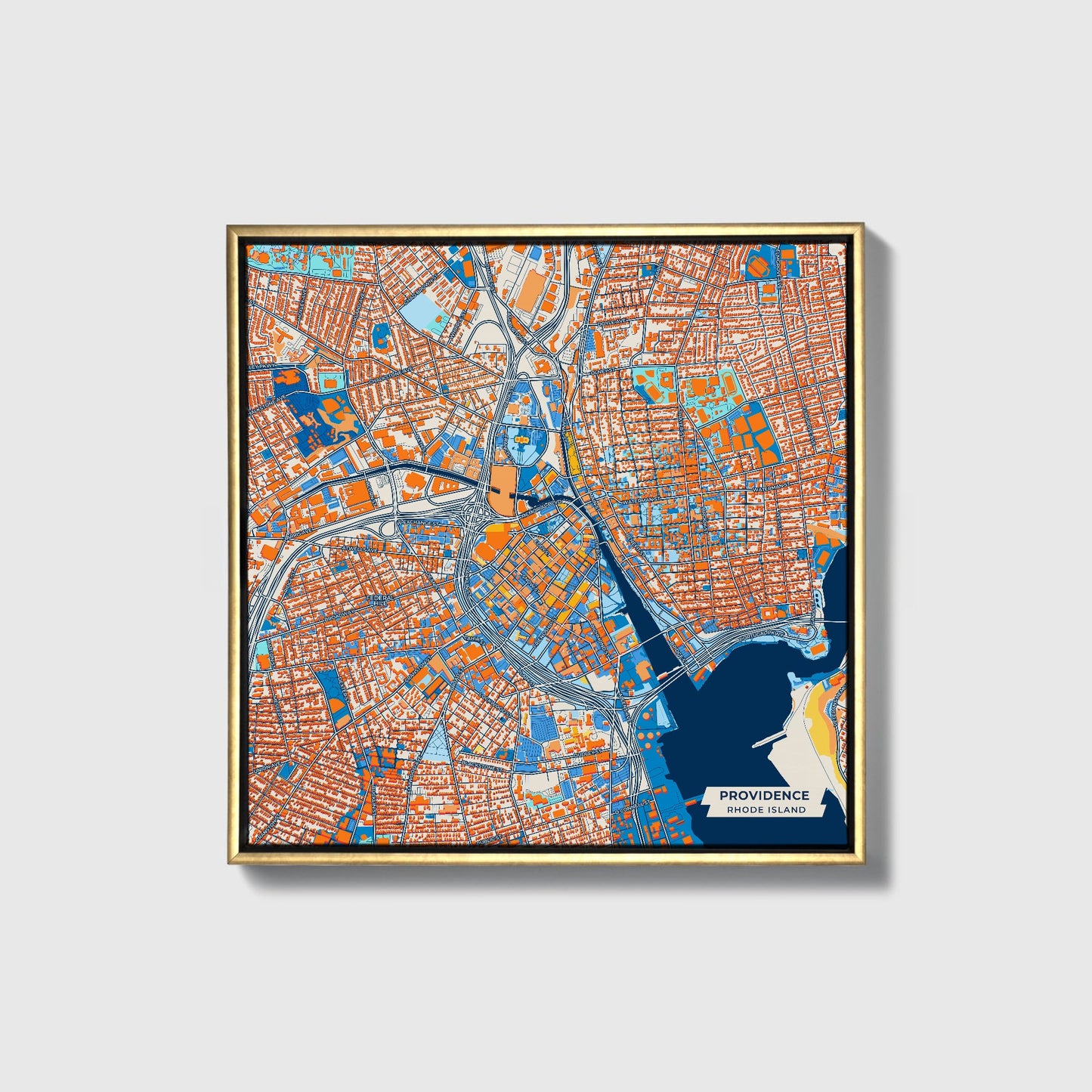 Providence Rhode Island Colorful City Map Canvas Print • Gold Framed