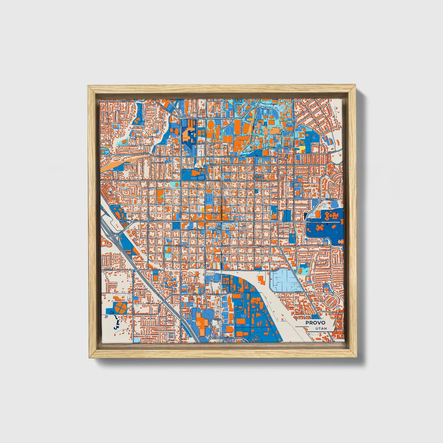 Provo Utah Colorful City Map Canvas Print • Natural Wooden Framed