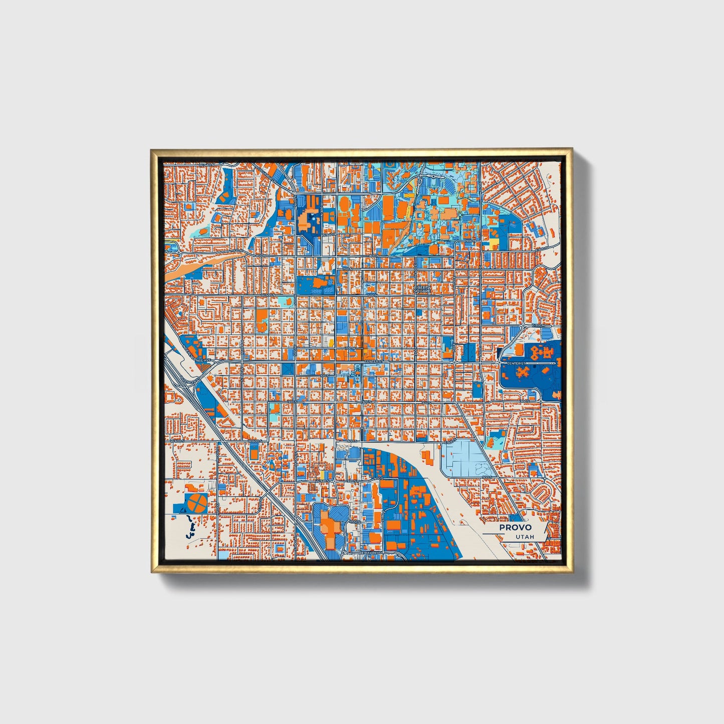 Provo Utah Colorful City Map Canvas Print • Gold Framed