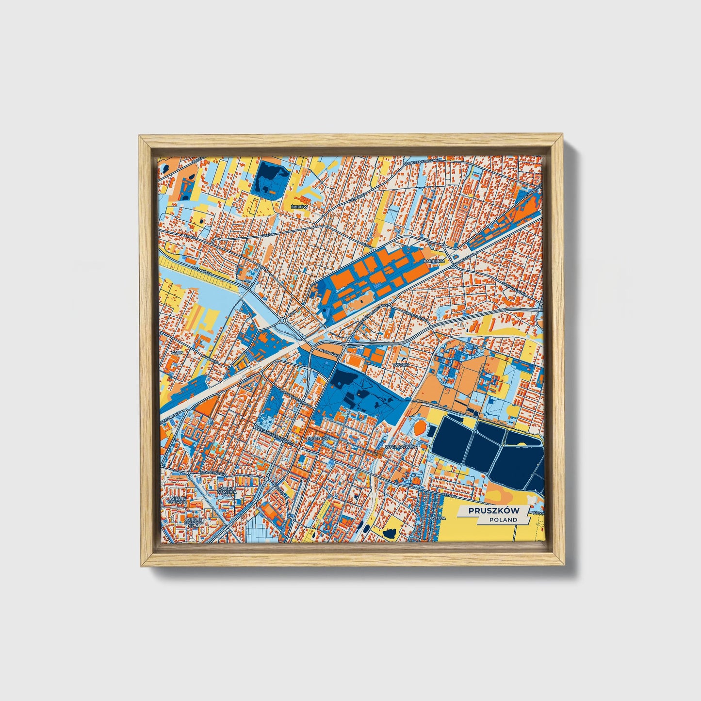 Pruszków Poland Colorful City Map Canvas Print • Natural Wooden Framed