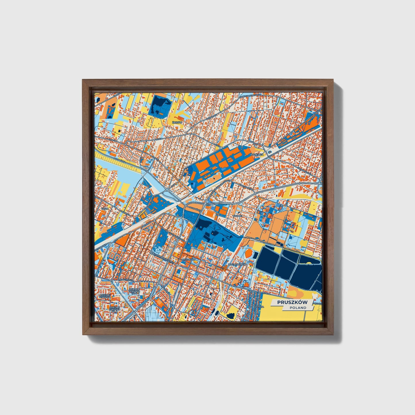 Pruszków Poland Colorful City Map Canvas Print • Dark Wooden Framed