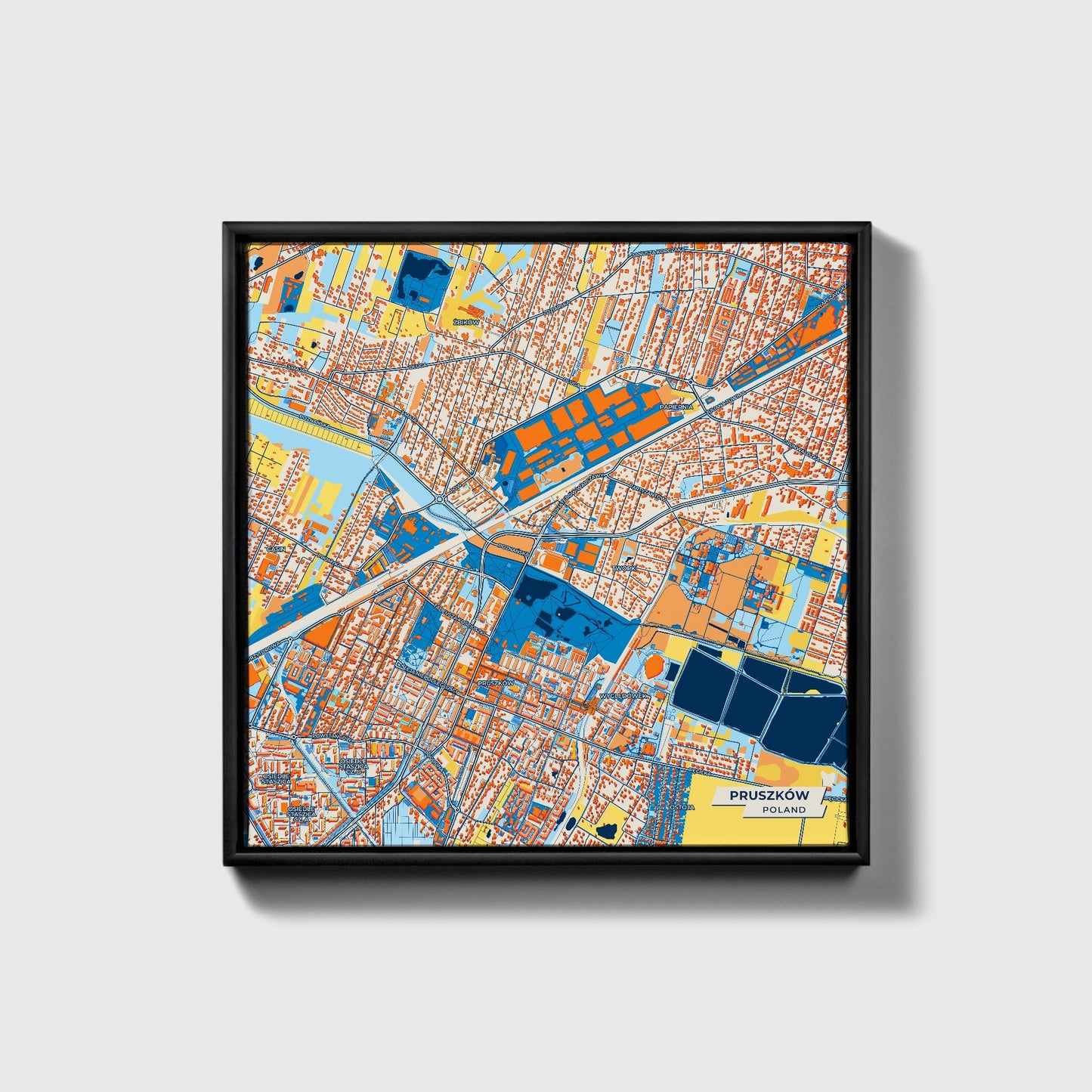 Pruszków Poland Colorful City Map Canvas Print • Black Framed