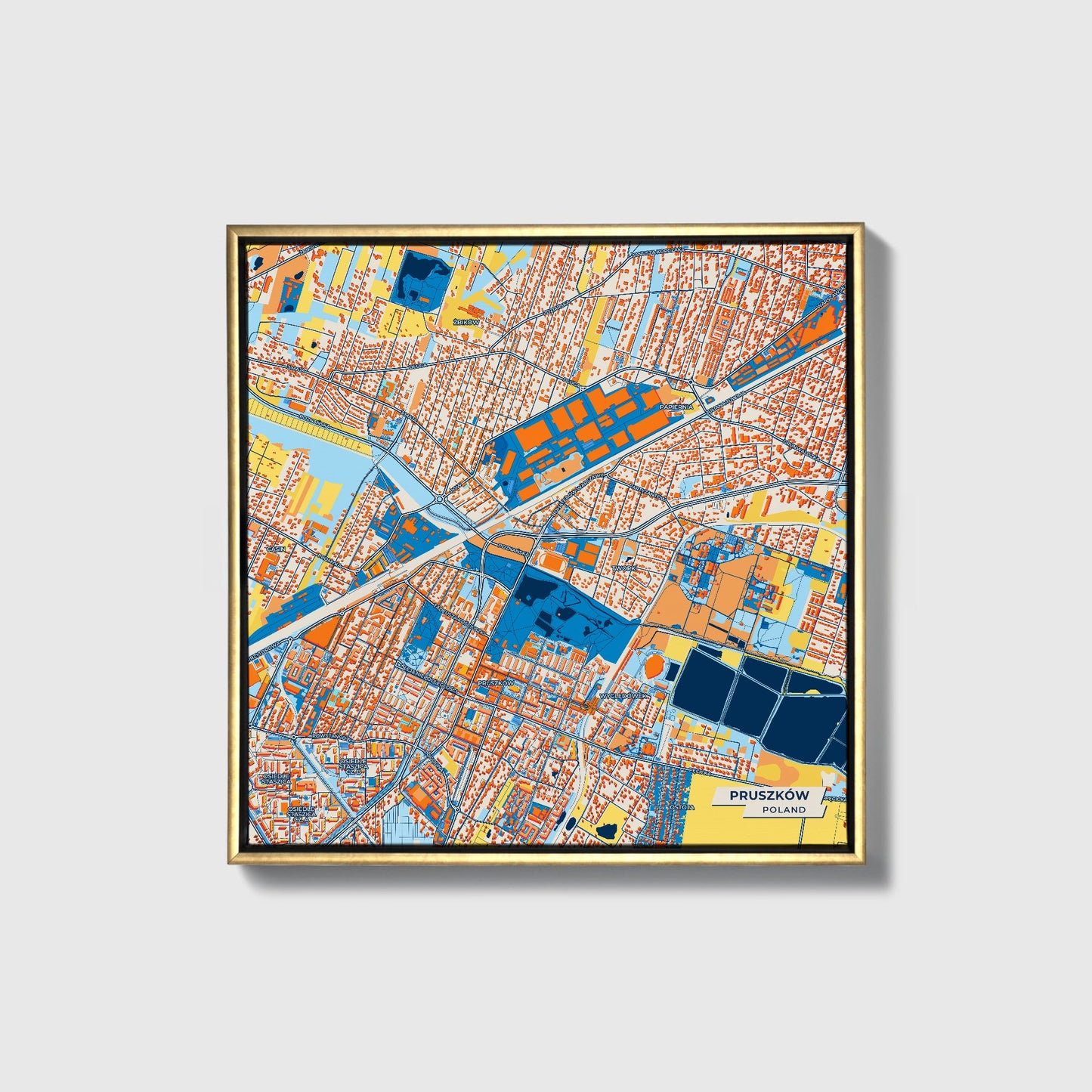 Pruszków Poland Colorful City Map Canvas Print • Gold Framed
