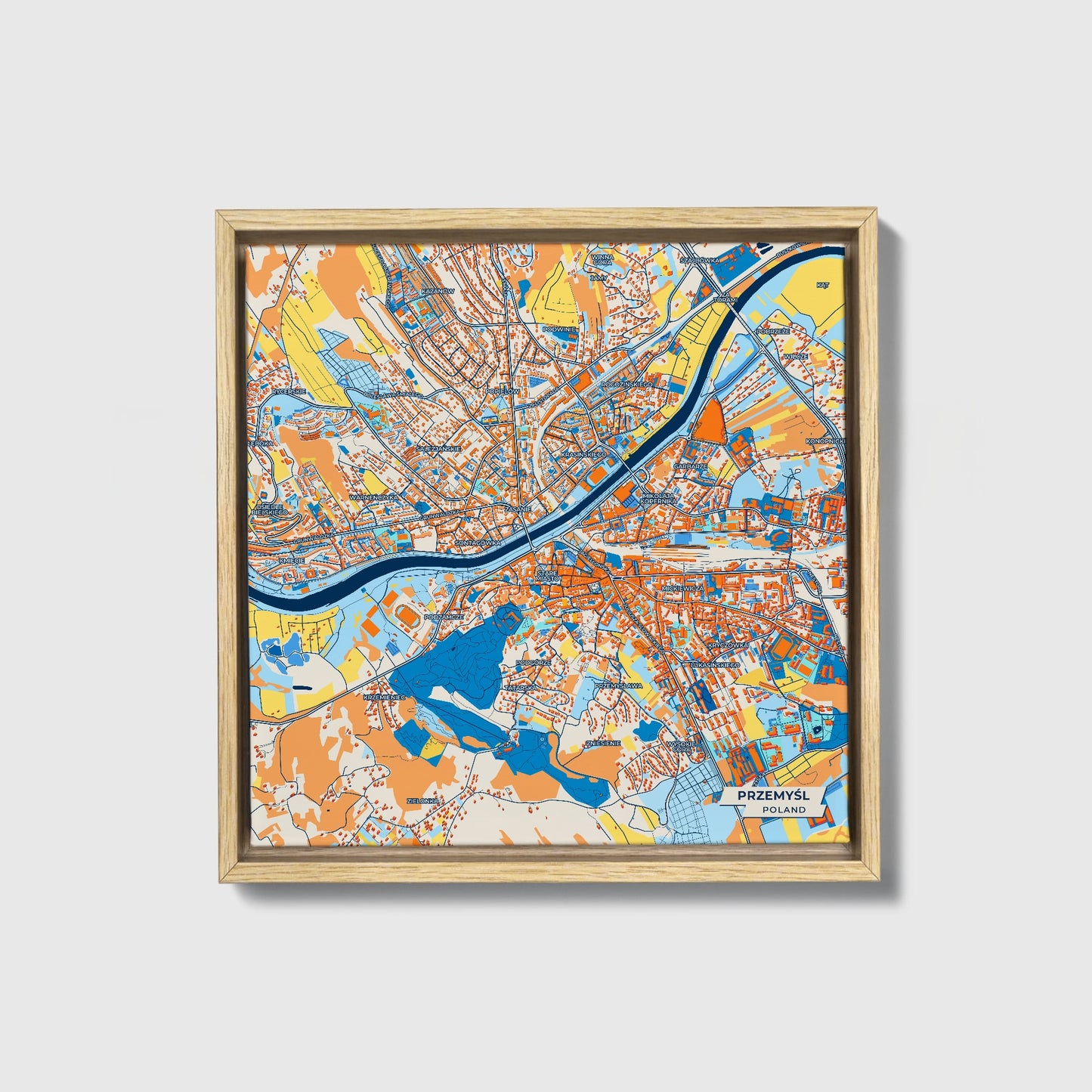 Przemyśl Poland Colorful City Map Canvas Print • Natural Wooden Framed