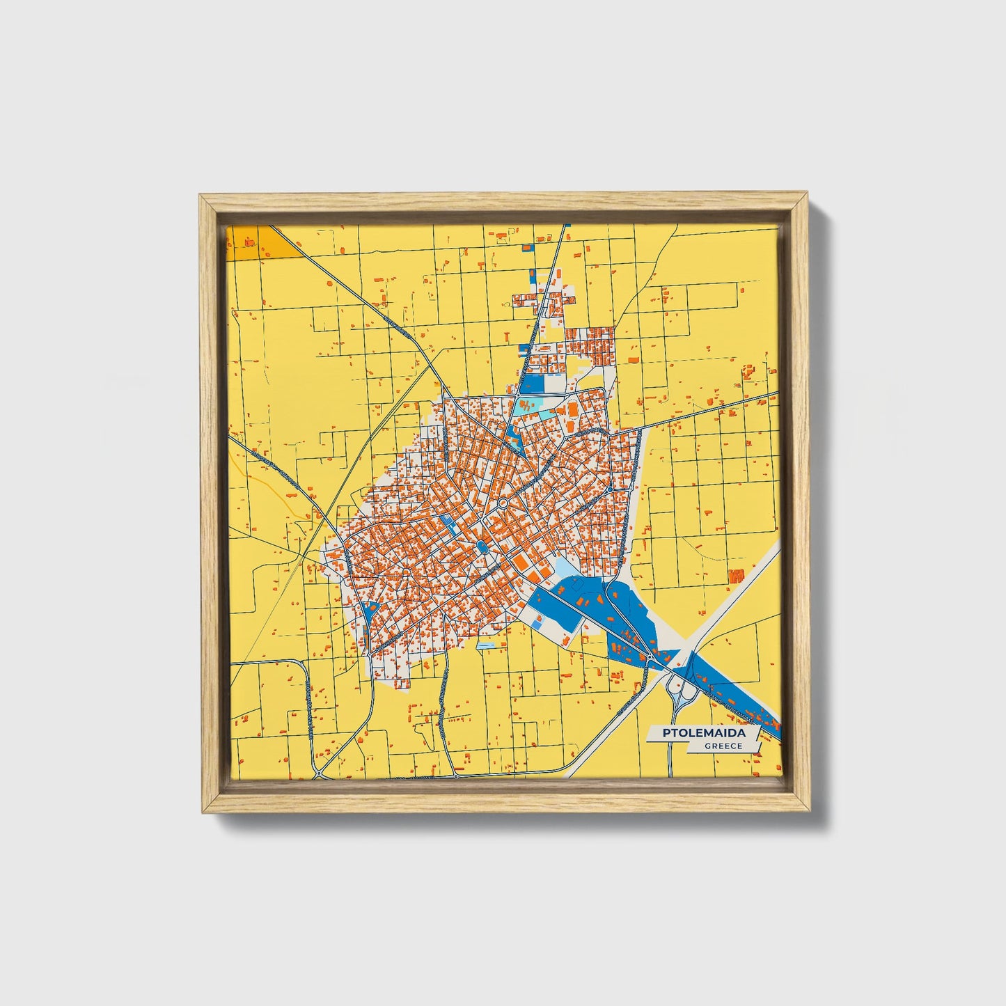 Ptolemaida Greece Colorful City Map Canvas Print • Natural Wooden Framed
