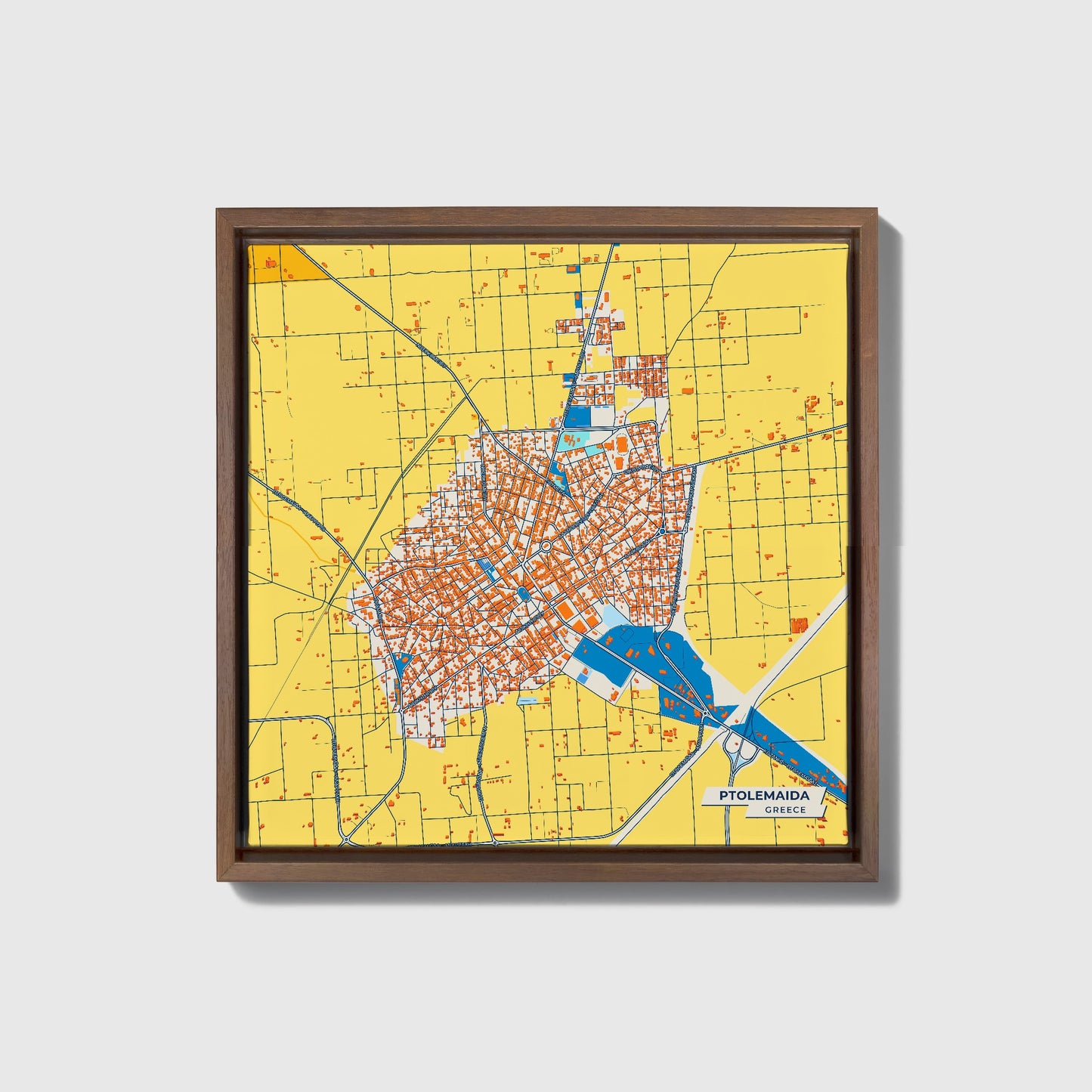 Ptolemaida Greece Colorful City Map Canvas Print • Dark Wooden Framed