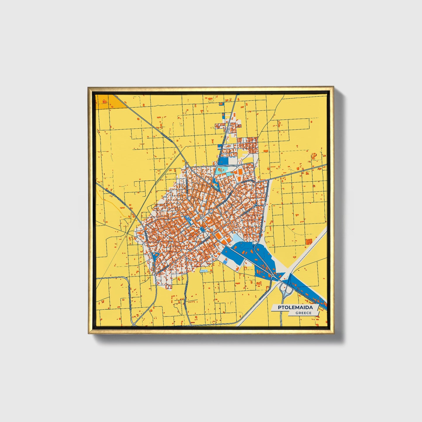 Ptolemaida Greece Colorful City Map Canvas Print • Gold Framed
