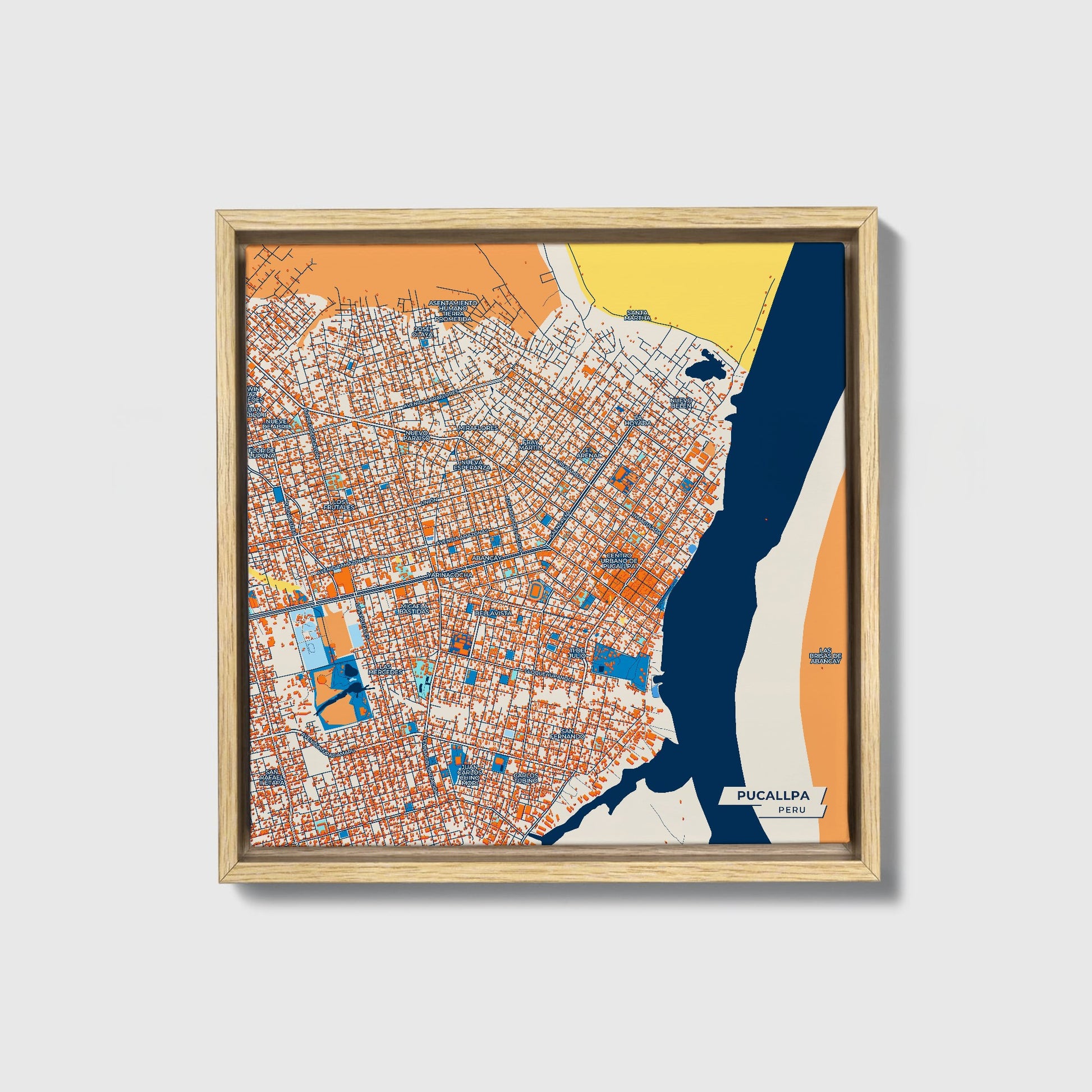 Pucallpa Peru Colorful City Map Canvas Print • Natural Wooden Framed