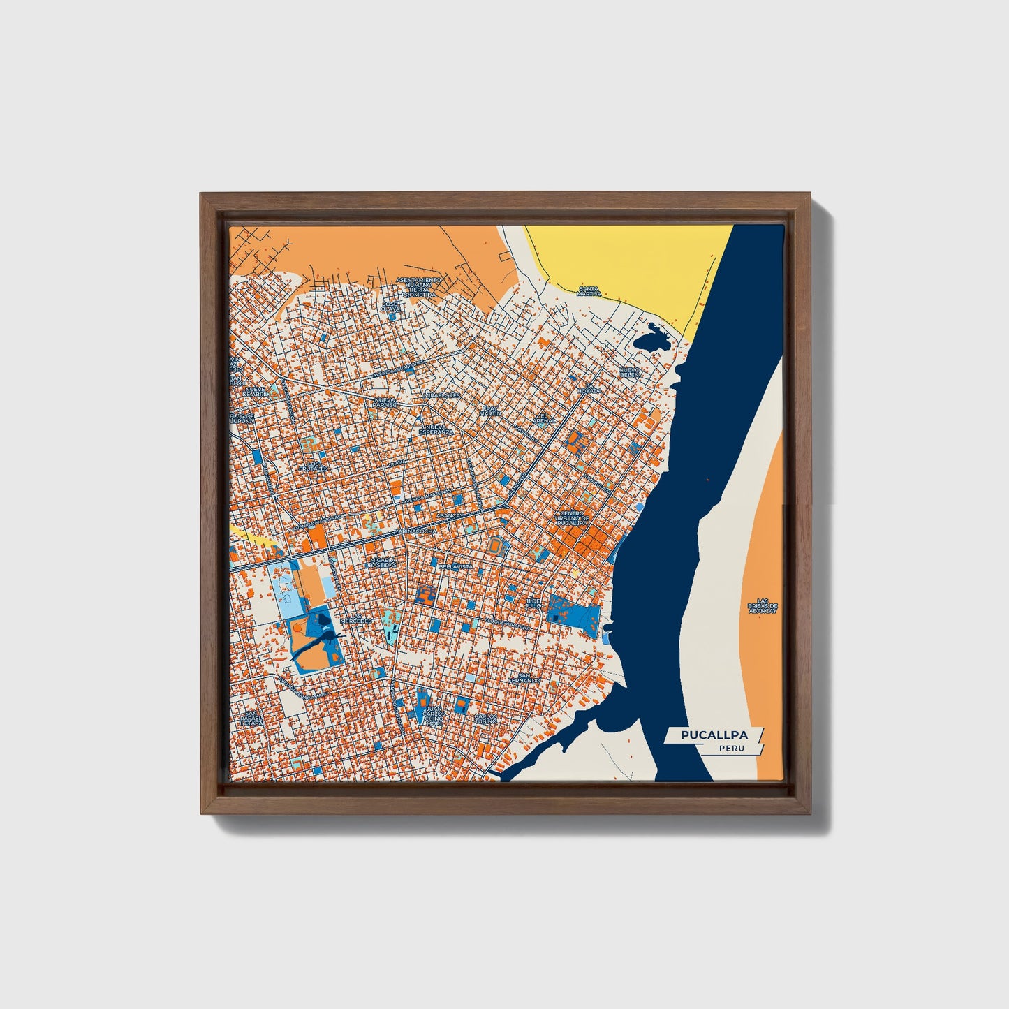 Pucallpa Peru Colorful City Map Canvas Print • Dark Wooden Framed