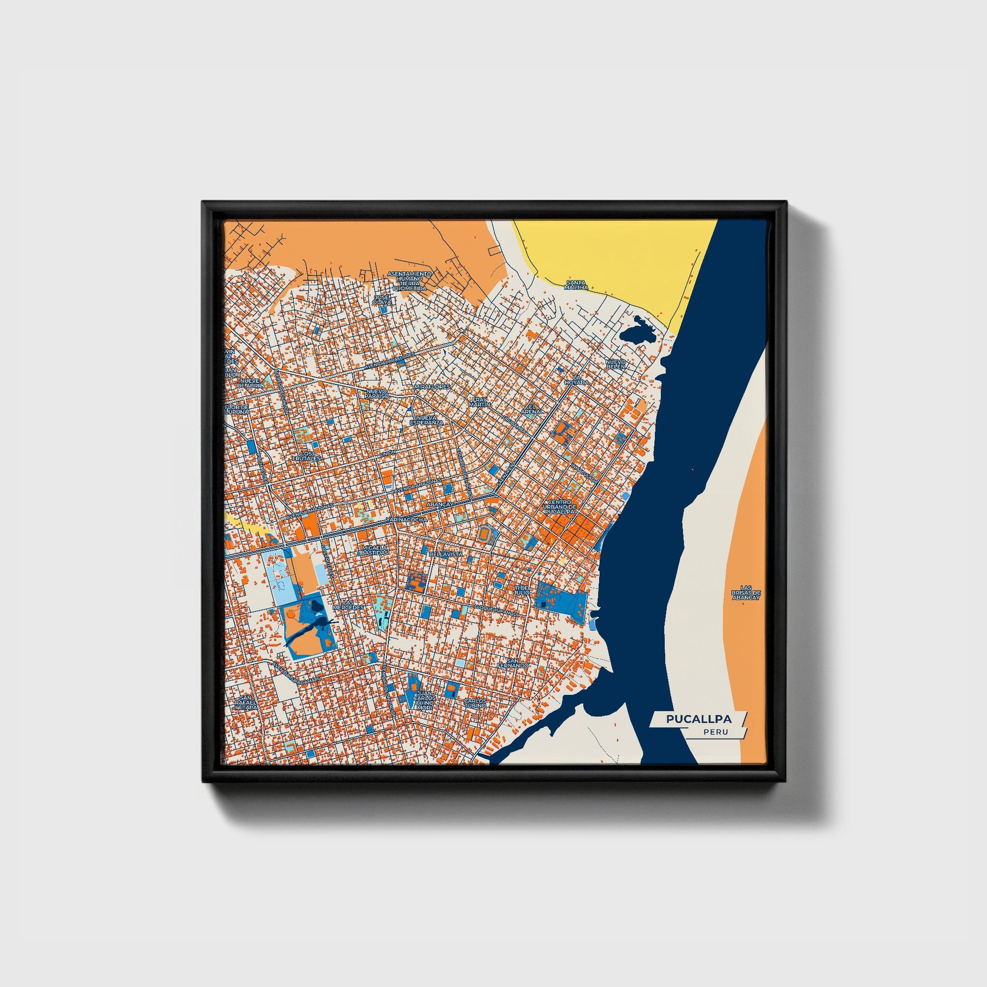 Pucallpa Peru Colorful City Map Canvas Print • Black Framed