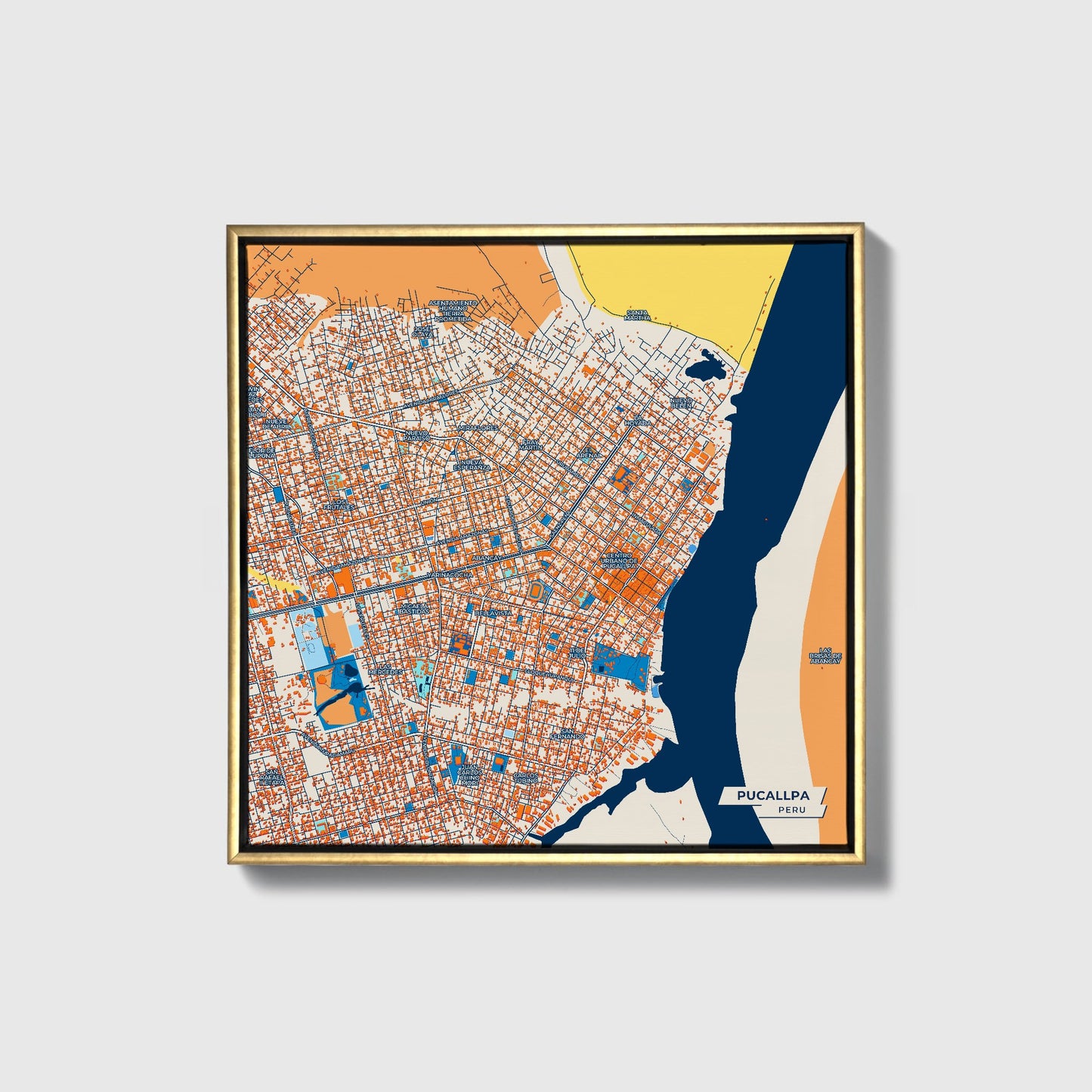 Pucallpa Peru Colorful City Map Canvas Print • Gold Framed