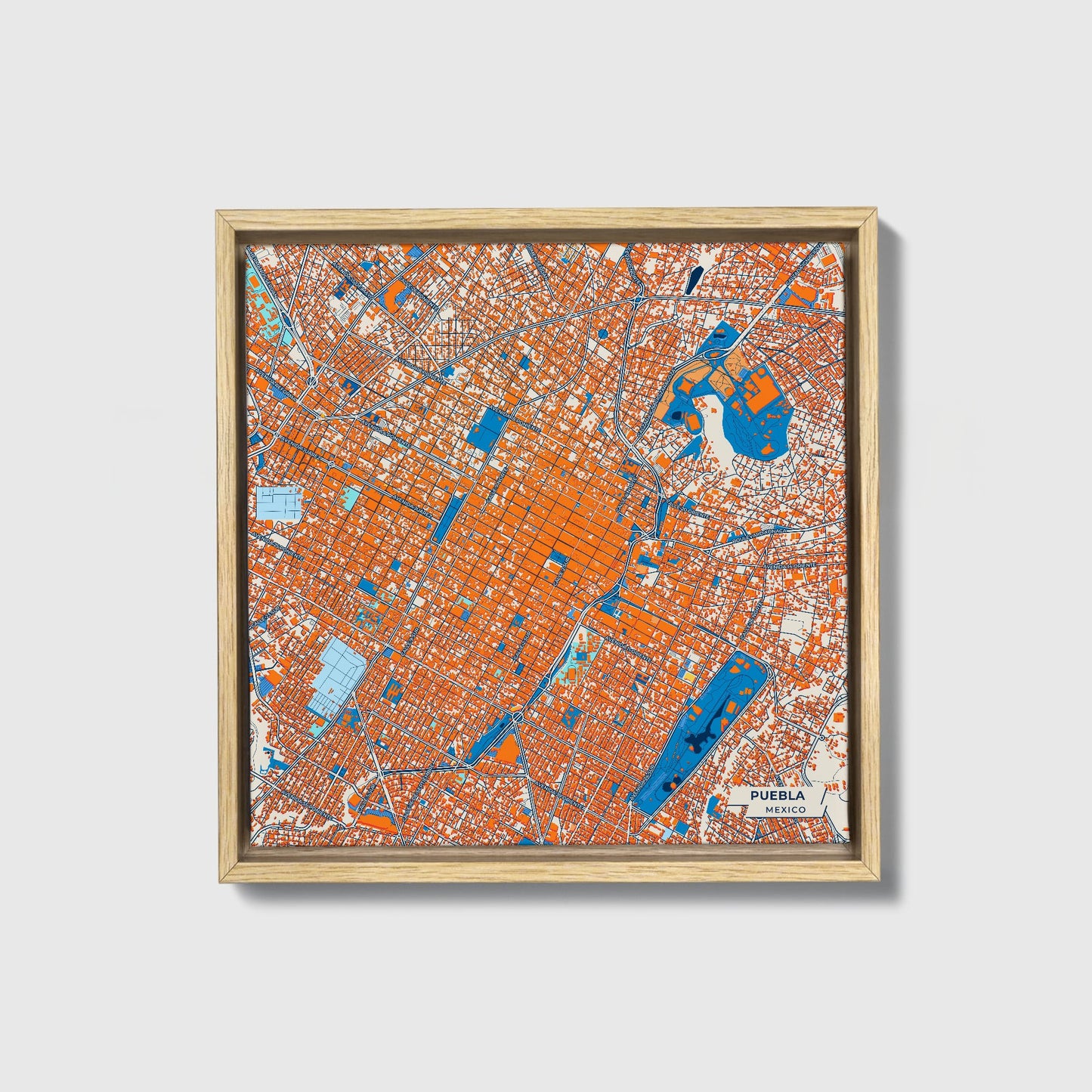Puebla Mexico Colorful City Map Canvas Print • Natural Wooden Framed