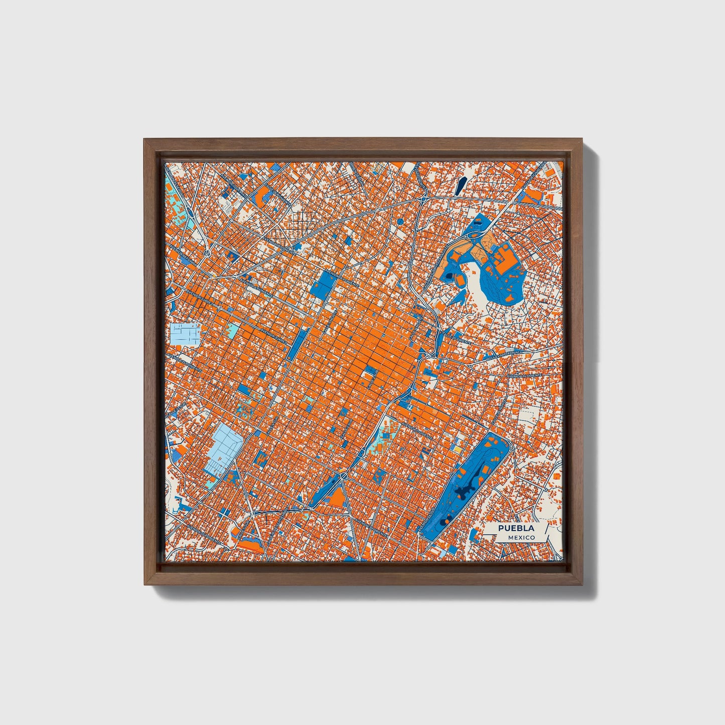 Puebla Mexico Colorful City Map Canvas Print • Dark Wooden Framed