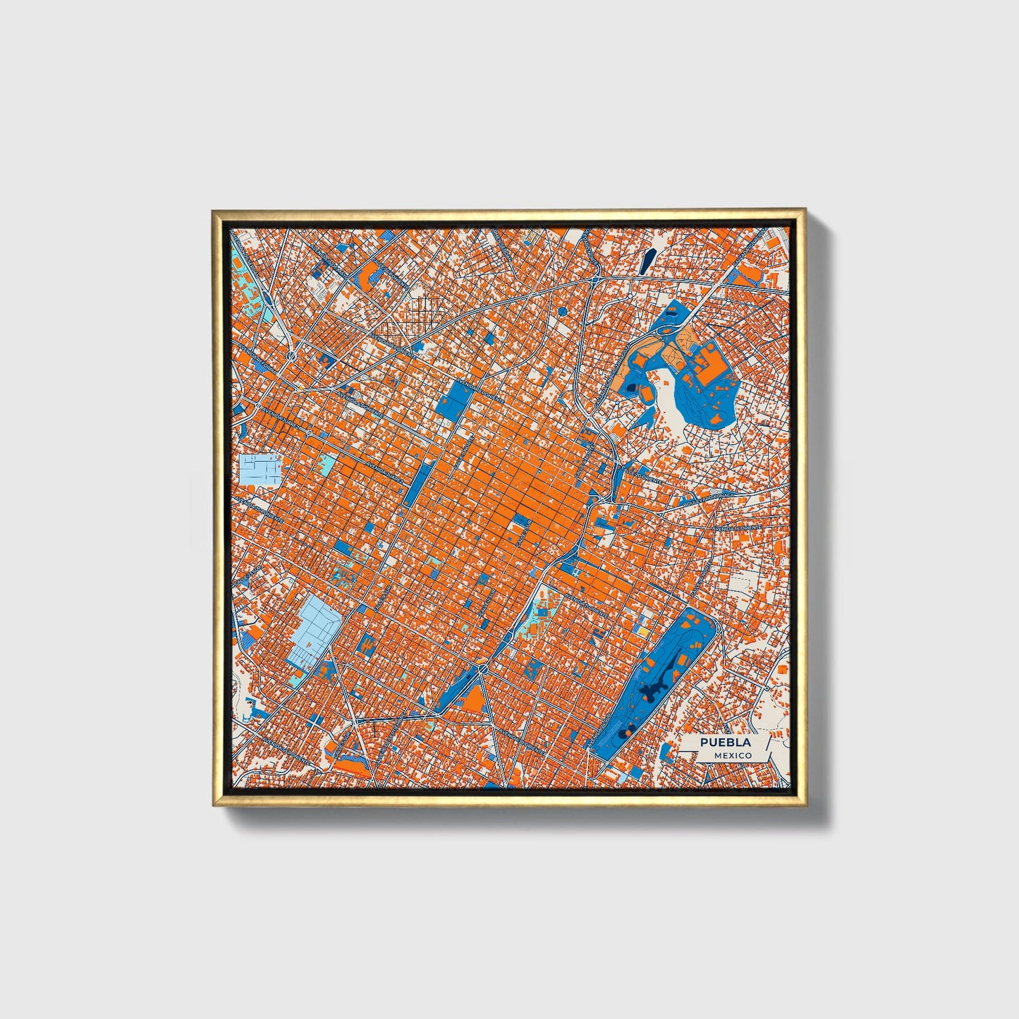 Puebla Mexico Colorful City Map Canvas Print • Gold Framed