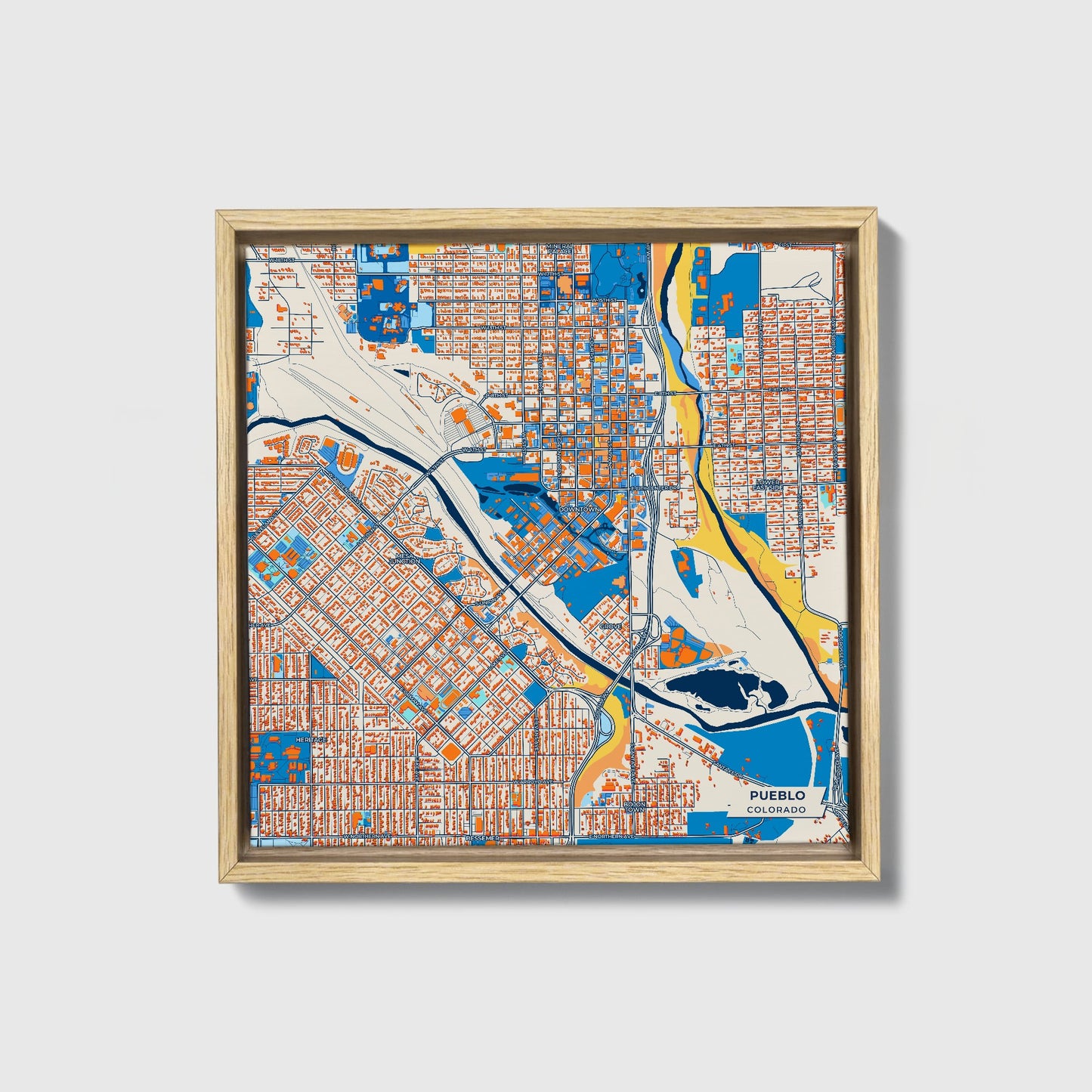Pueblo Colorado Colorful City Map Canvas Print • Natural Wooden Framed