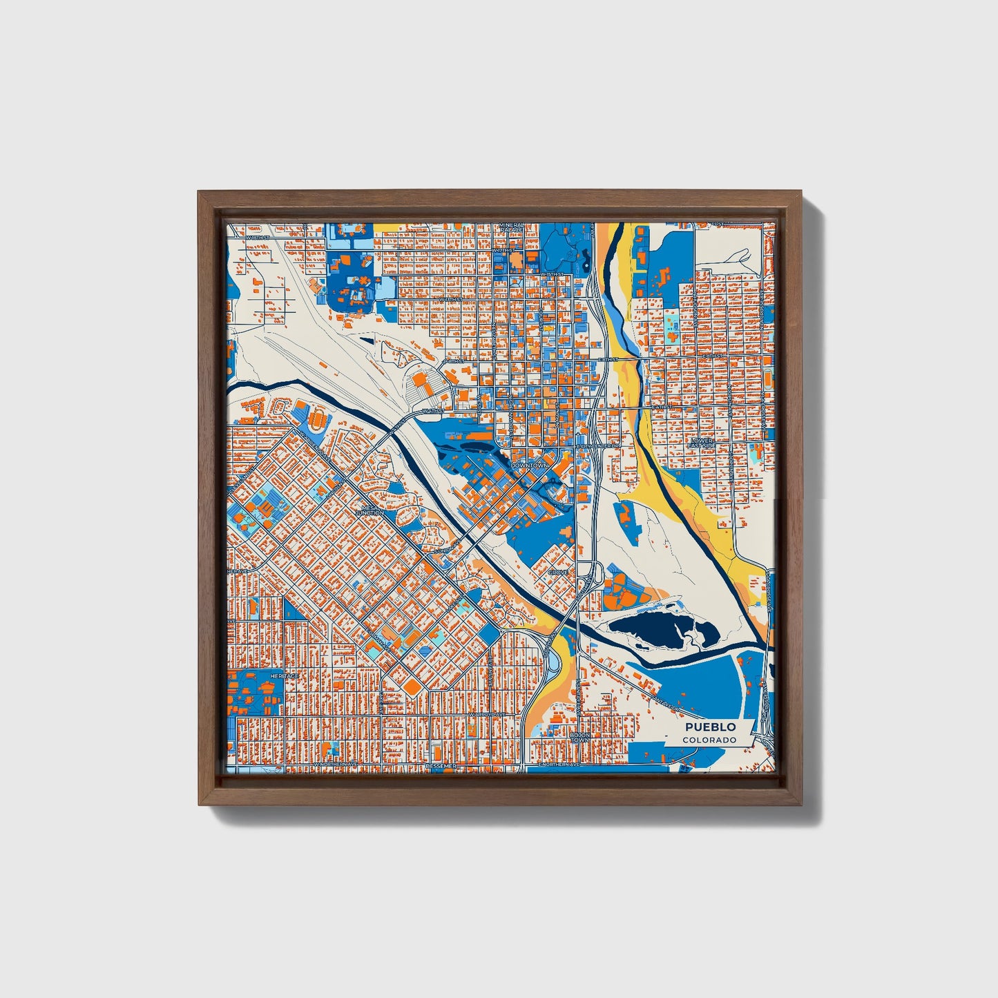 Pueblo Colorado Colorful City Map Canvas Print • Dark Wooden Framed