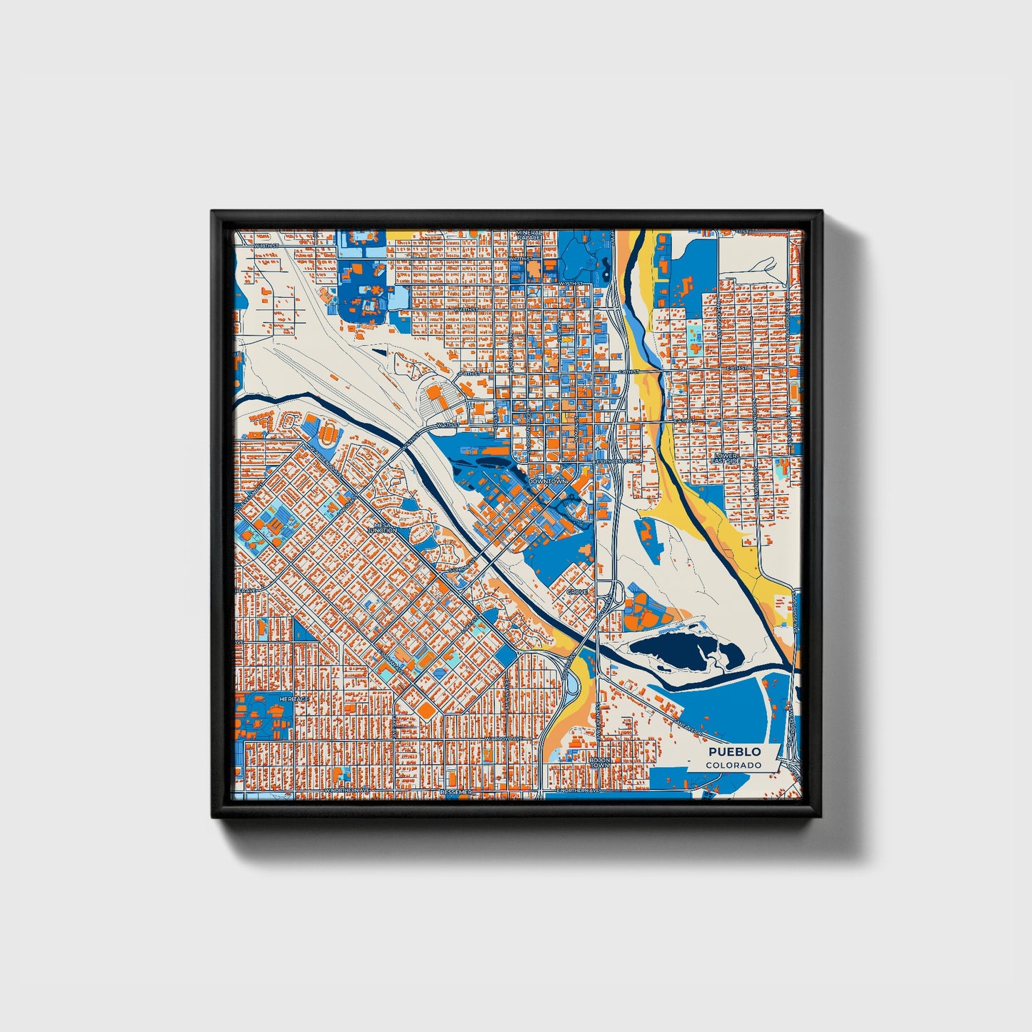 Pueblo Colorado Colorful City Map Canvas Print • Black Framed