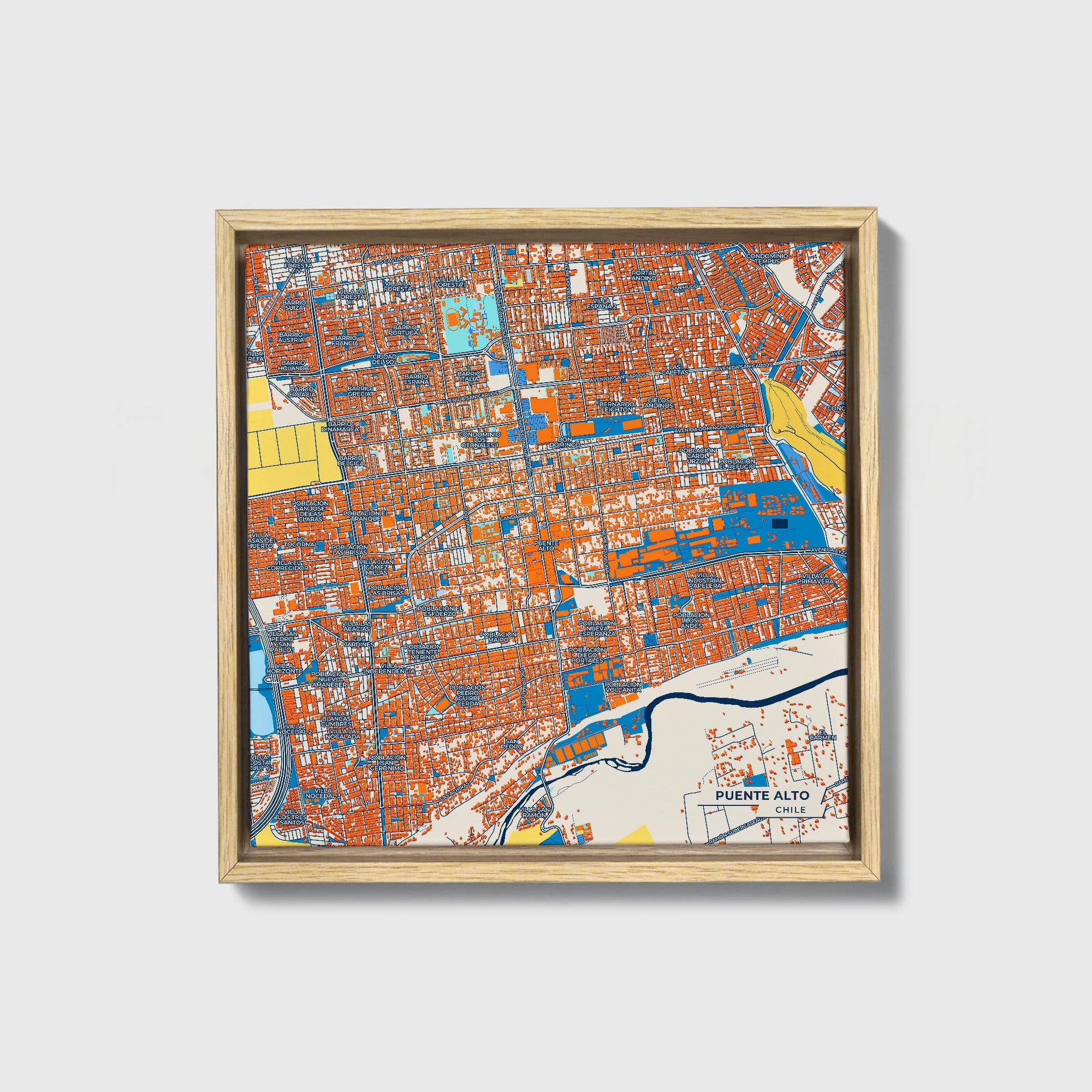 Puente Alto Chile Colorful City Map Canvas Print • Natural Wooden Framed