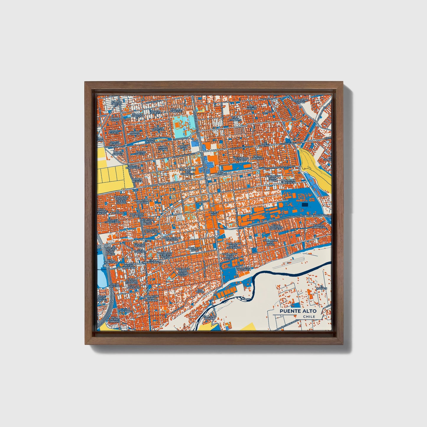 Puente Alto Chile Colorful City Map Canvas Print • Dark Wooden Framed